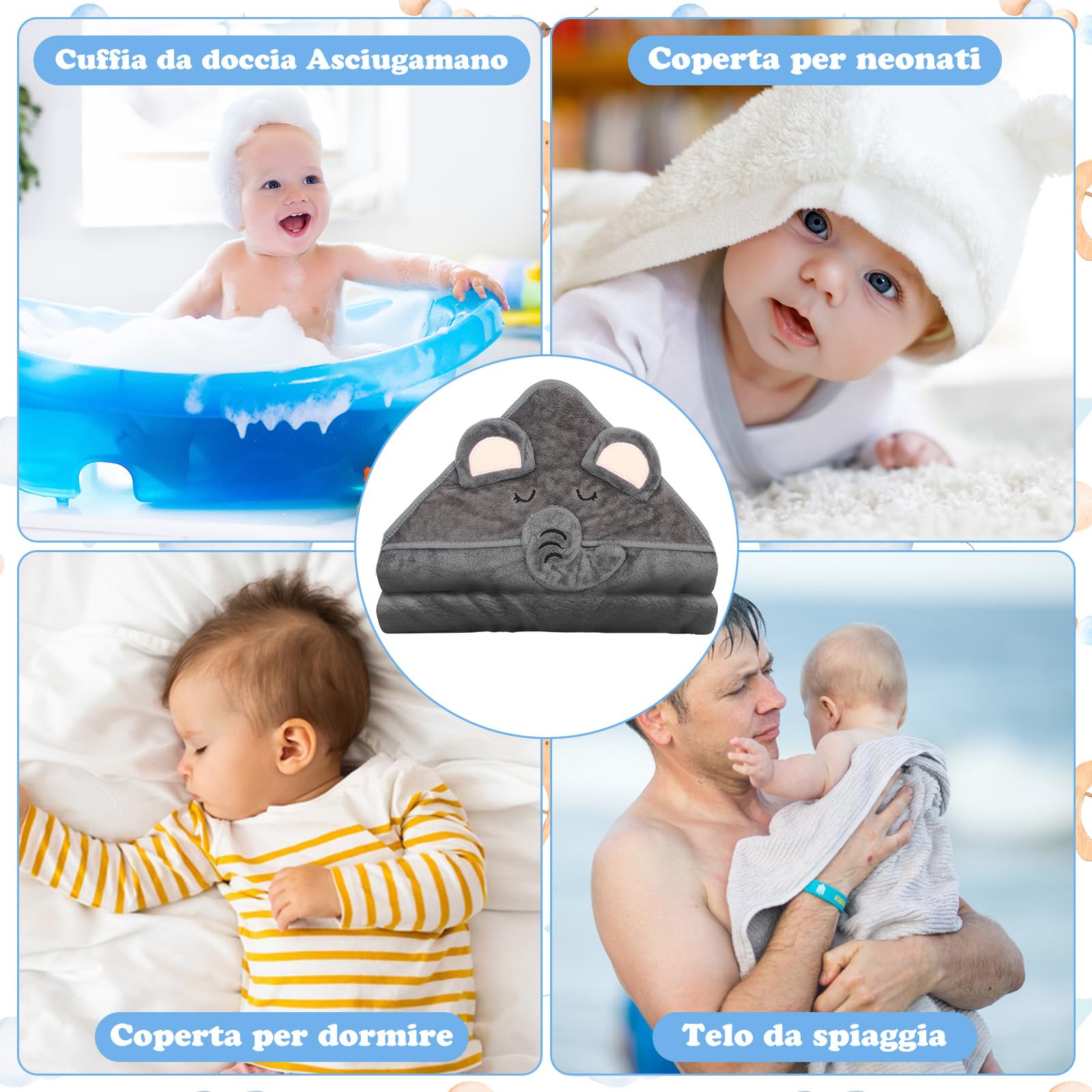 Accappatoio Neonato Elefante Grigio 0-3 Mesi + Borsa per Bucato, Asciugamano con Cappuccio Neonato Antistatico Asciugamano Neonato Bagnetto Morbido e Super Assorbente
