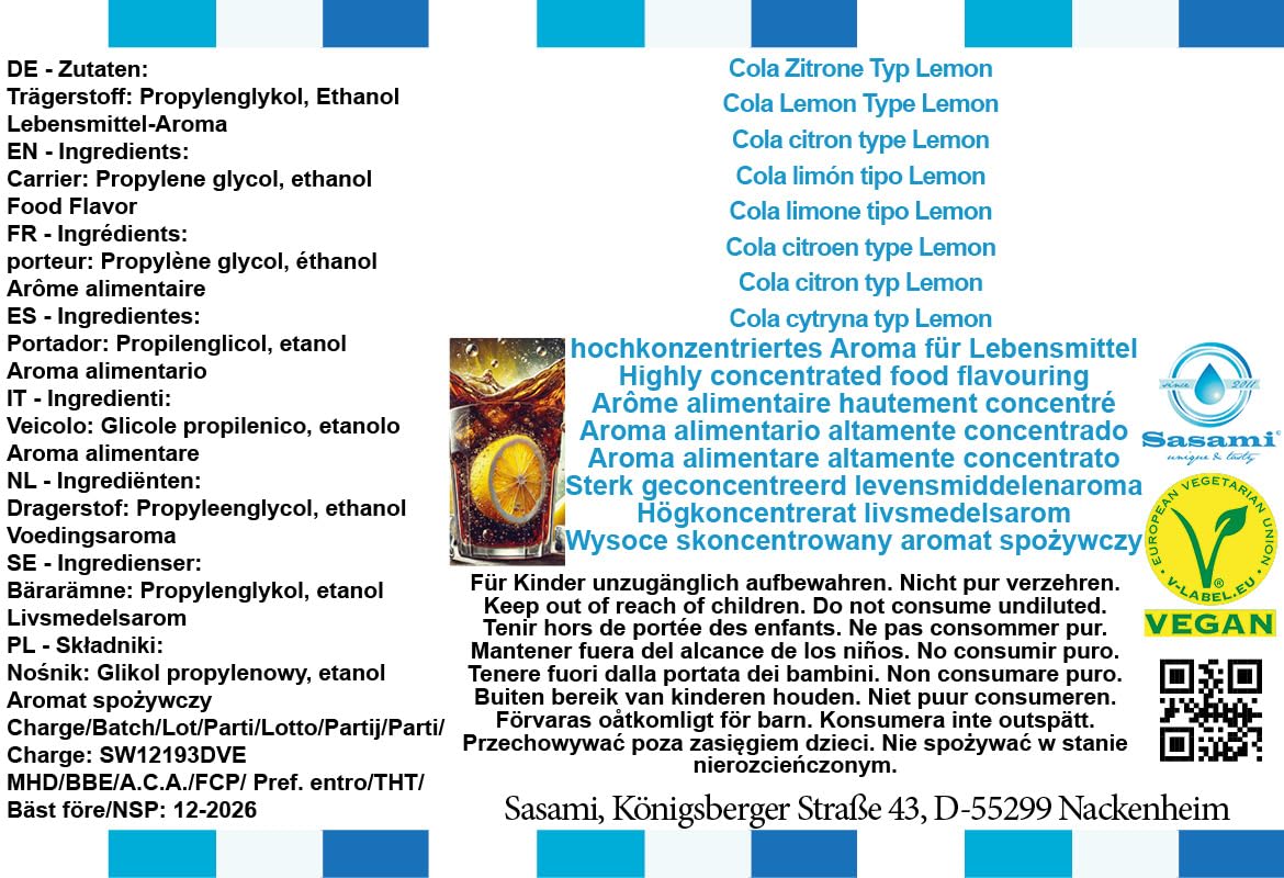 Cola Zitrone Typ Lemon Aroma Konzentrat - Vegan - Sasami - 100ml