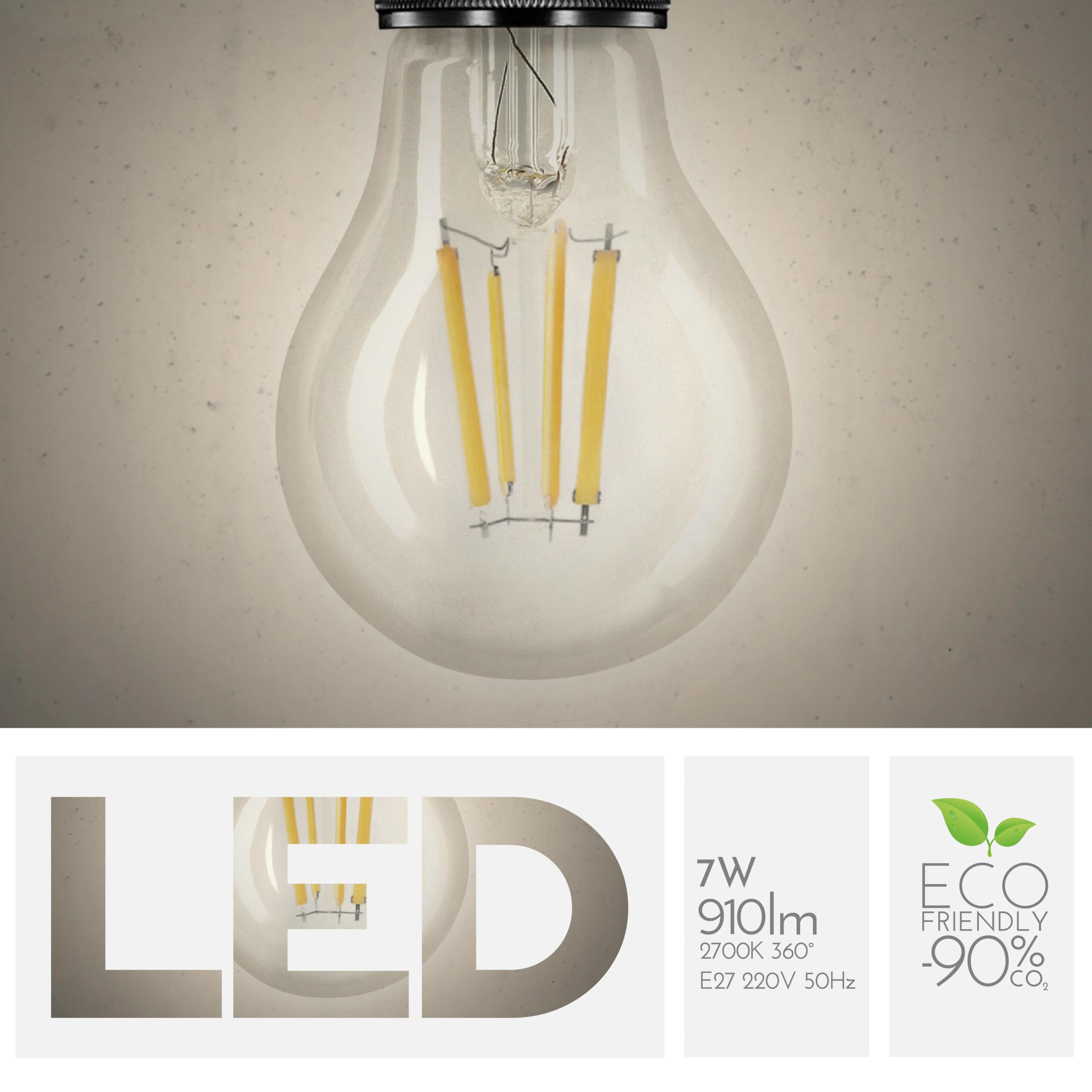 Smart Goccia A60 7W Glühbirne, E27, transparentes Glas, Dämmerungssensor, 2700K warmes Licht, gerader LED-Glühfaden, 806 Lumen, 10er-Pack
