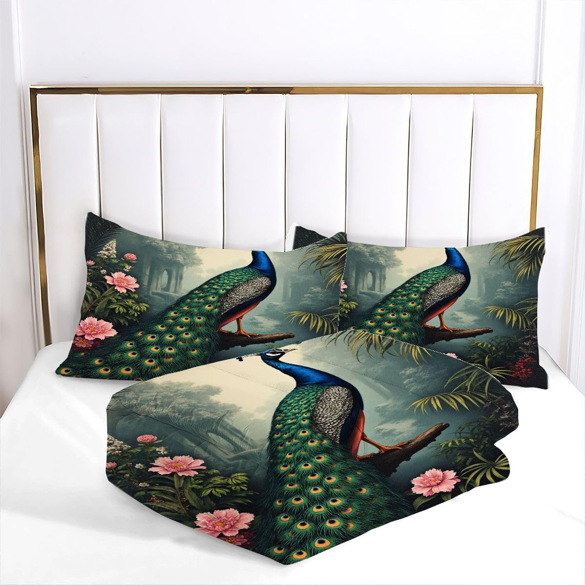 Kołdra podwójny rozmiar zwierzę paw, 100% bawełna wypełniona kołdrą podwójny rozmiar 180 x 180 cm na wszystkie pory roku, wygodna i można prać w pralce kołdra z narożnymi zakładkami + 2