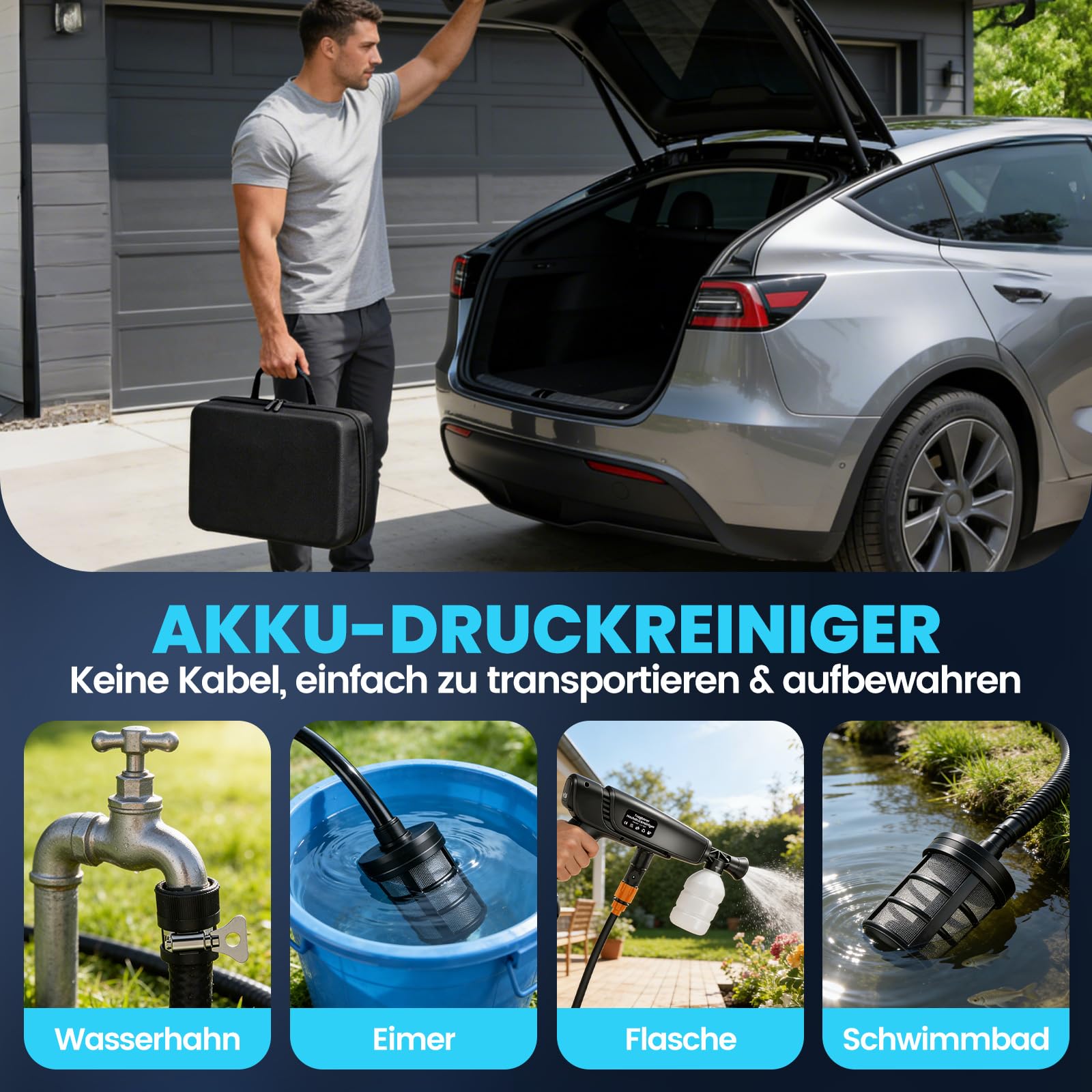 Akku Hochdruckreiniger 21V(160Bar) Kompatibel mit Makita Akku,Bürstenloser Motor 294 L/H Druckreiniger mit 2x4Ah Akku, 6-in-1 & 180° Drehbare Düse,5M Schlauch für Autos/Gärten/Terassen