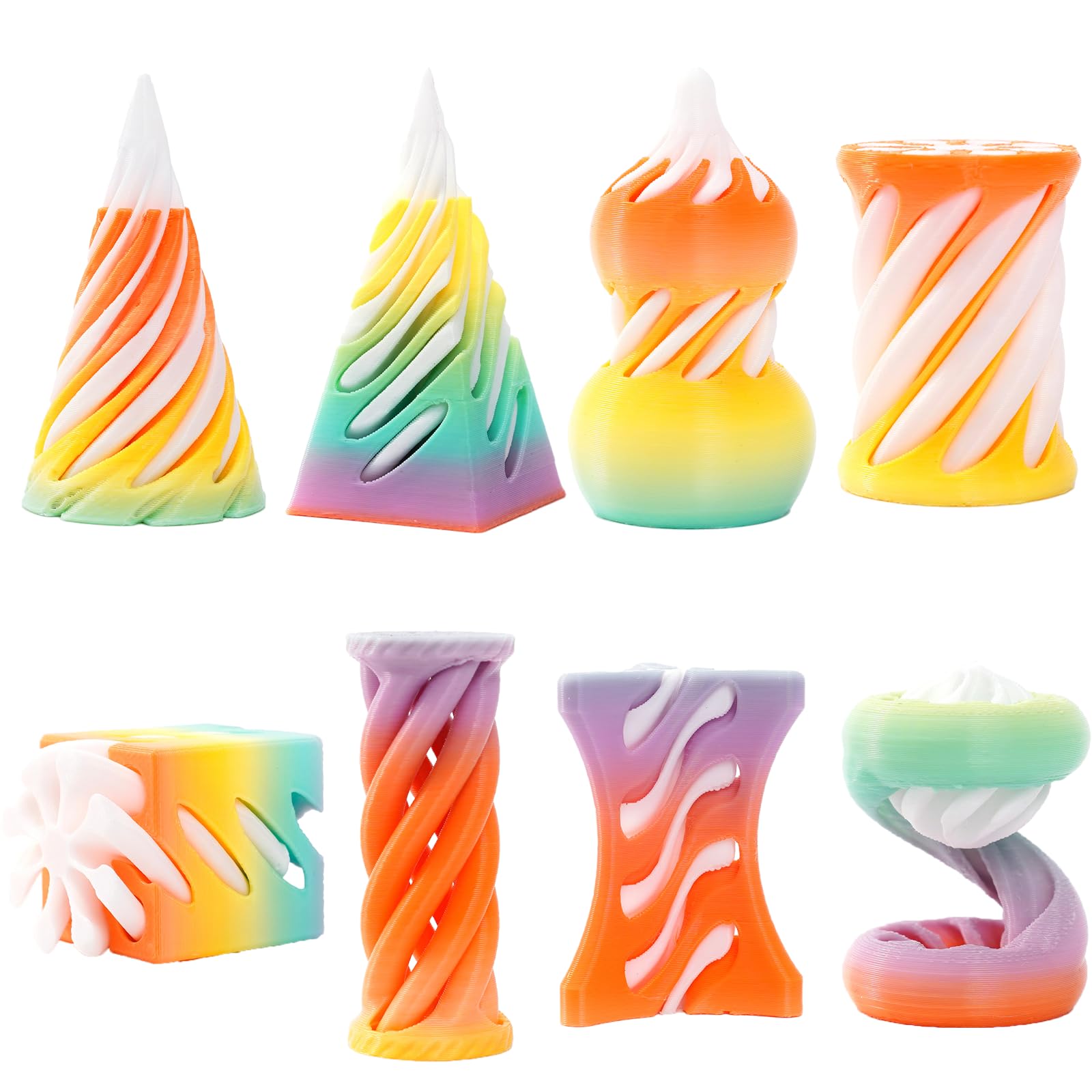 8-Pack 3D Printed Spiral Fidget Toys | PLA Stress Relief Toys for Adults & Kids | Impossible Cone & Pyramid Design (Vibrant Colors) (Colored E (8pcs))