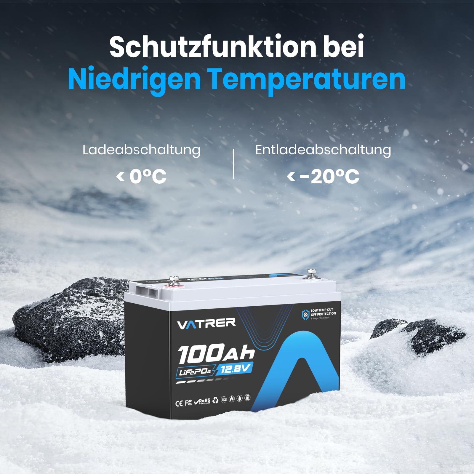 12V 100Ah LiFePO4 Akku mit Niedrigtemperatur-Abschaltung & 100A BMS, 5000+ Zyklen, 1280W für Wohnmobil, Camping, Boot & Solar-Heimanlagen