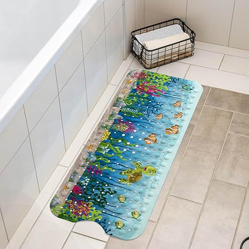 Miniatura 6 de LNOND Alfombra de baño de tortuga marina para niños, tapete de baño para niños, tapete de baño antideslizante con agujeros de drenaje y ventosas,