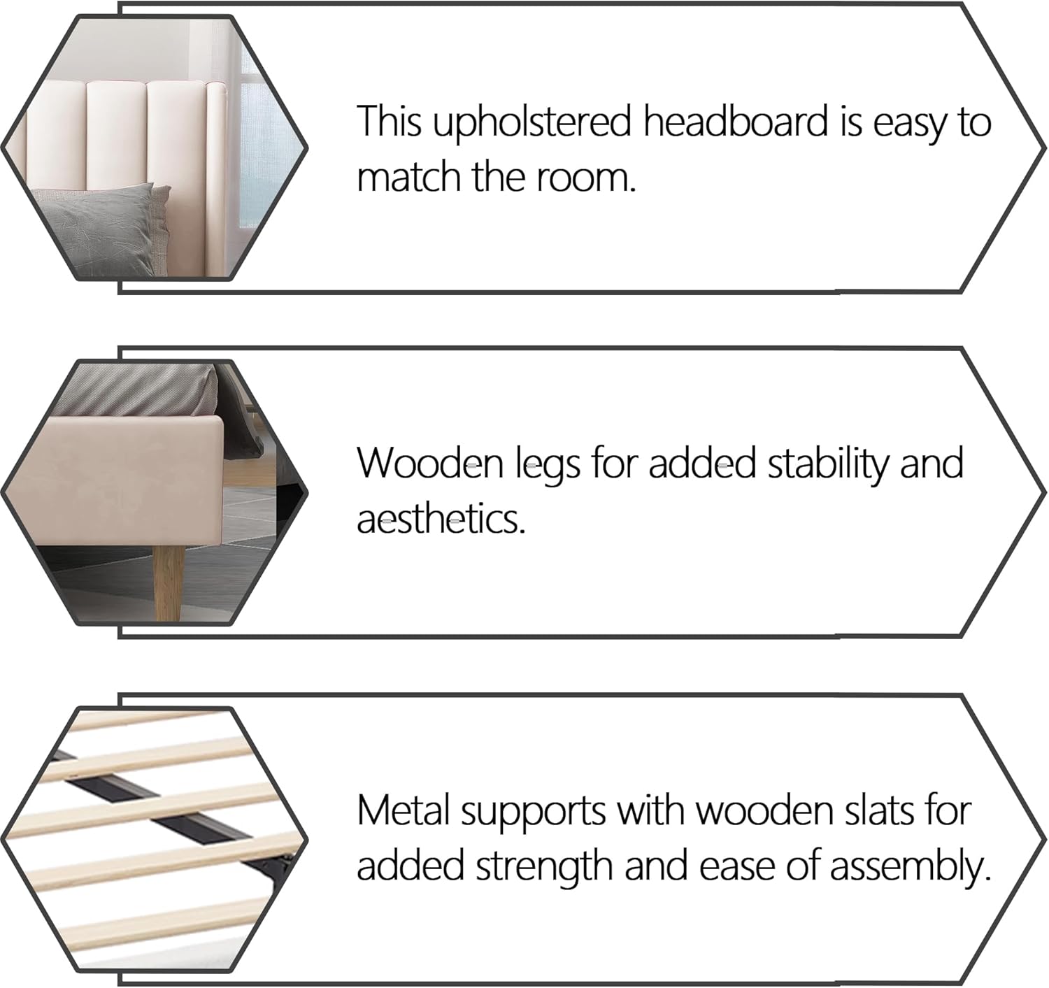 alazyhome Upholstered Platform Full Size Bed Frame with Headboard Wooden Slats Support No Noise Easy Assembly Beige Velvet - Image 6