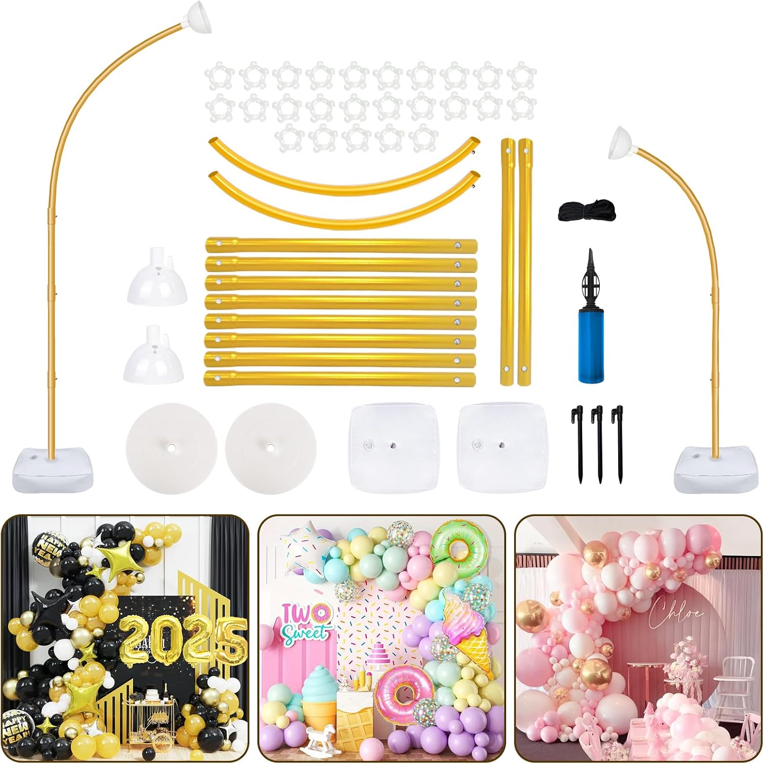 8FT & 6FT Gold Balloon Arch Stand, Free Bending Top Balloon Arch Kit, Half Arch Balloon Stand with Base for Floor, Balloon Column Kit for Wedding Birthday Baby Shower Graduation Party Decor