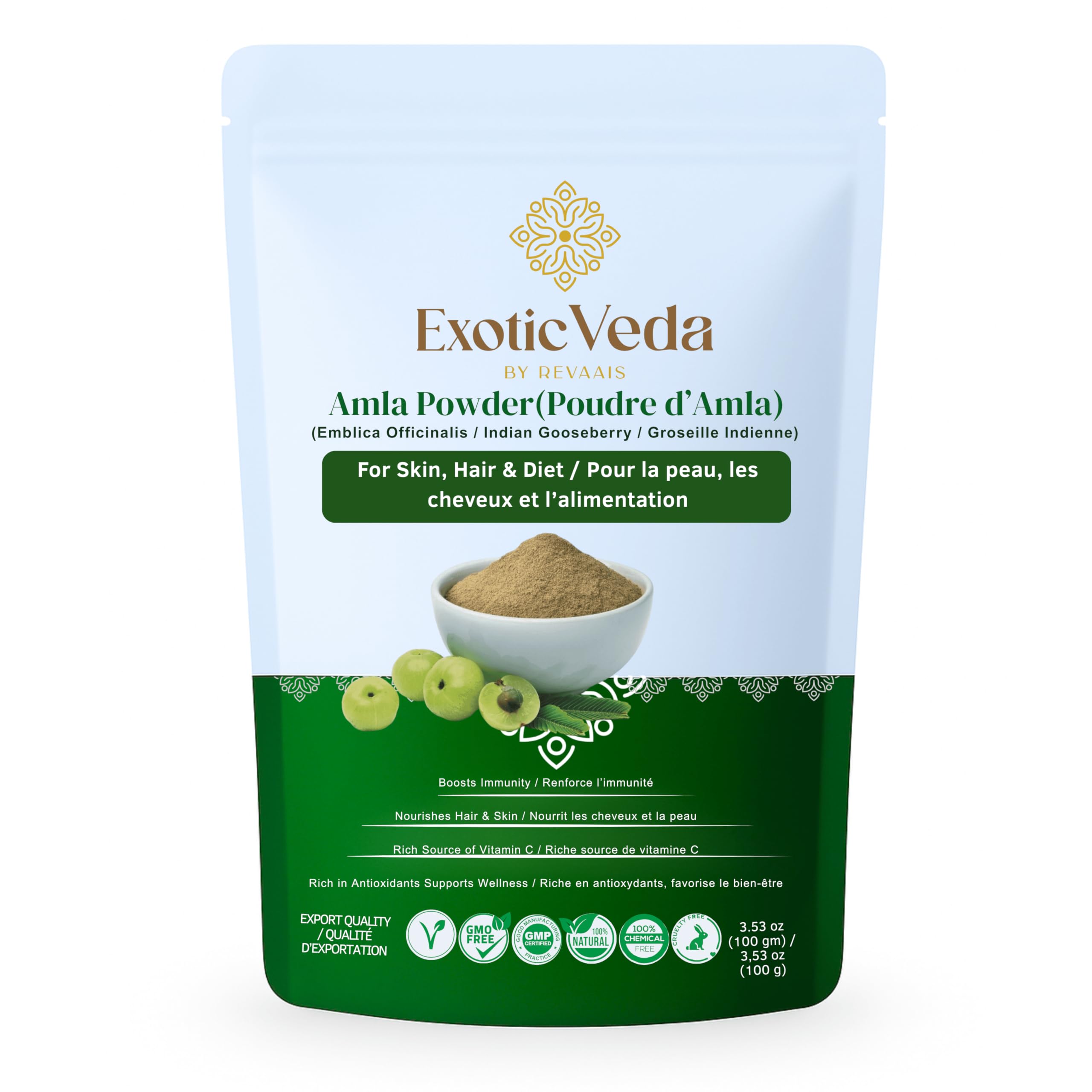 Exotic Veda Amla Powder | 100% Pure & Natural Indian Gooseberry | Ayurvedic Herbal Supplement for Hair Care, Skin Glow & Wellness | Non-GMO, No Additives, Preservatives or Fillers | 100g Pouch