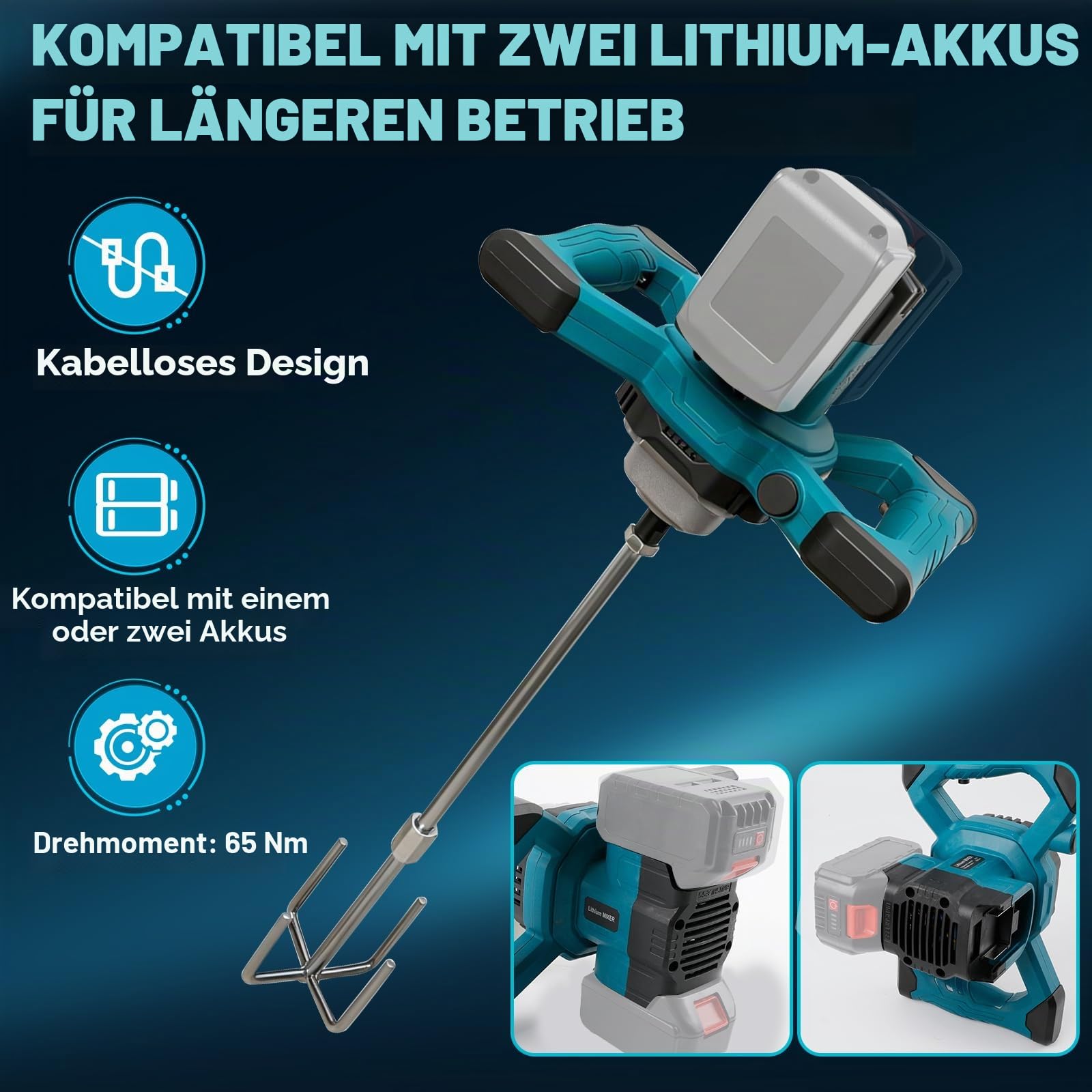 Kabelloser Zementmischer für Makita 18V Akku, Bürstenloser Paddelmischer, 6 Geschwindigkeitsstufen Lackmörtelmischer, Max 680 U/min, Elektrischer Betonrührer zum Mischen von Futtermörtel