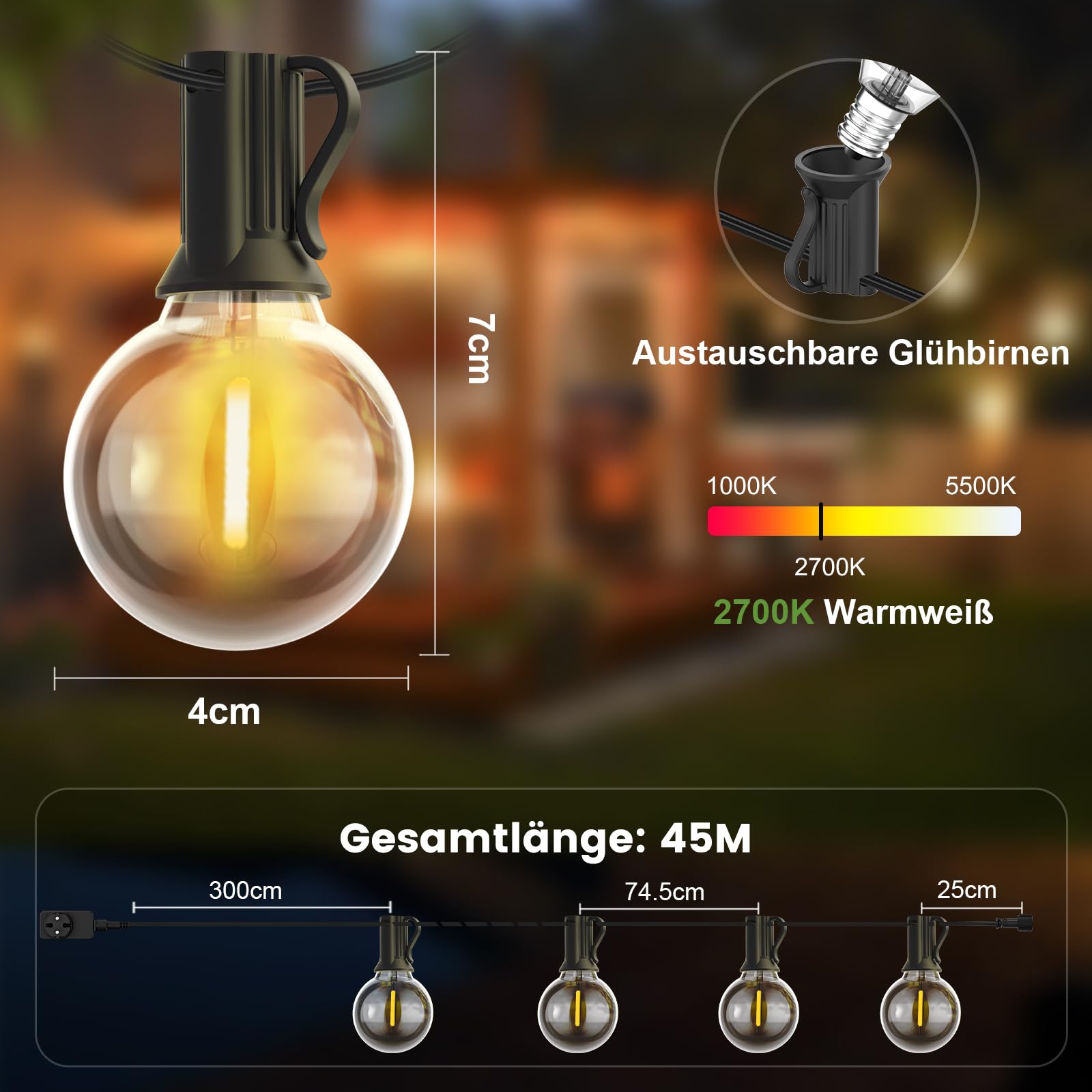 Yuusei Lichterkette Außen Strom, 45,7M Lichterkette Outdoor LED mit Dimmer, IP45 Wasserdicht, 58+2 G40 Dimmbar Aussen Glühbirnen Lights für Garten, Pavillon, Balkon, Camping, Party, Hochzeit