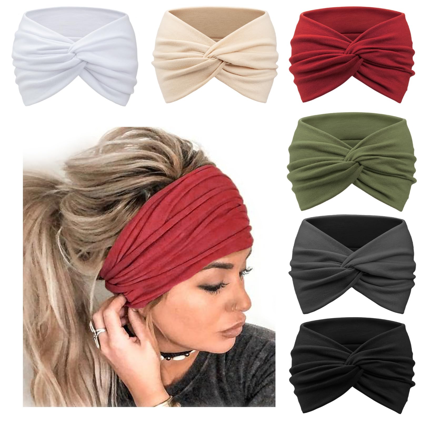 Dreshow Women's 6 Pack: Wide Headbands Set80-08 6 Pack Wide Headbands For Extra Large Turban Headband Boho Head Wrap Elastic Hairbands Hair Twisted Knot Hair Accessories