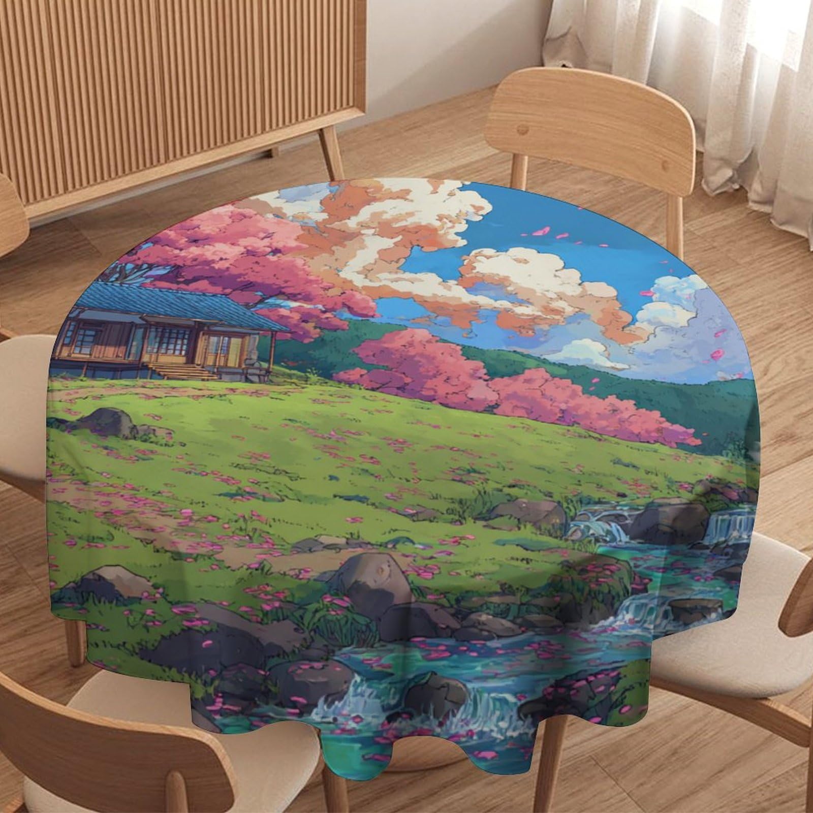 Luyysky Retro Watercolor Cherry Blossoms Waterproof Round Tablecloth Classic Aesthetic Japanese Anime Plants Cherry Blossoms Washable Table Cover For Kitchen-127 Wx127 L Cm