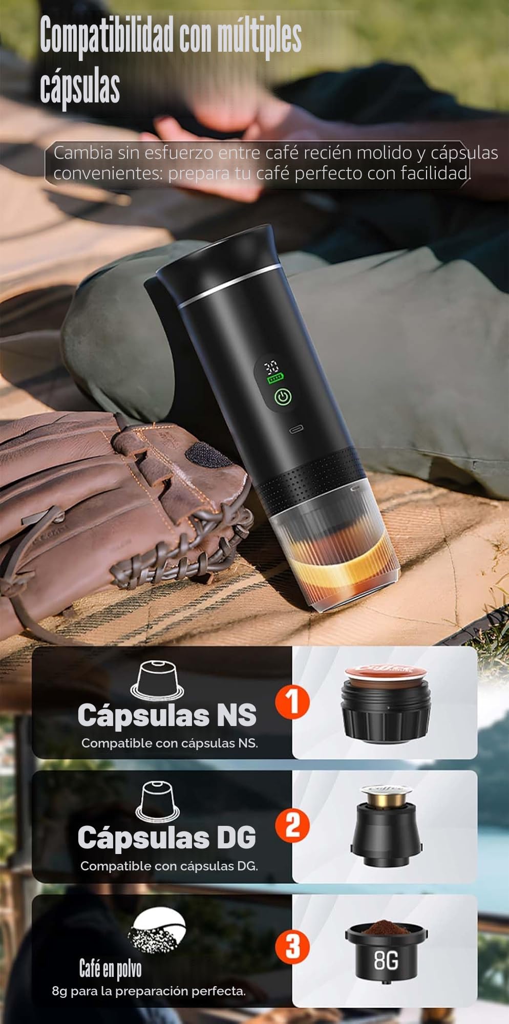 VHV - Cafetera portátil 3 en 1, recargable portátil de viaje, 12 V espresso Machine a Cafe para cápsula, café molido, para camping, viajes, oficina, coche, casa (negro)