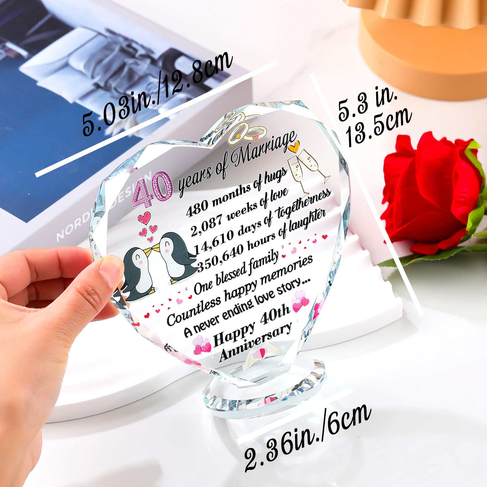 Ornalrist 40th Wedding Anniversary Romantic Gifts for Couple Ruby Wedding Anniversary Presents for Mum Glass Colourful Heart Keepsake Engraved 40 Years of Marriage - Image 2