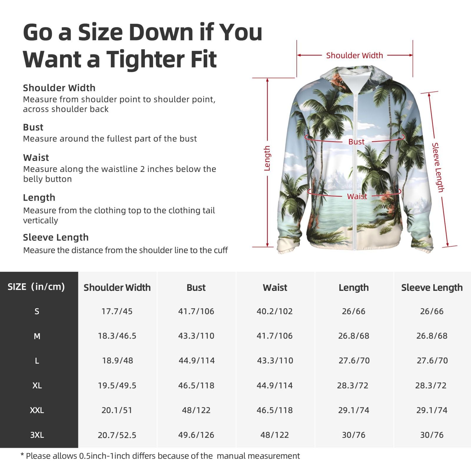 UPF 50+ Tropical Palm Trees Sun Protection Hoodie Full Zip Long Sleeve Lightweight Hoodie Jacket Rash Guard Shirts Large Black