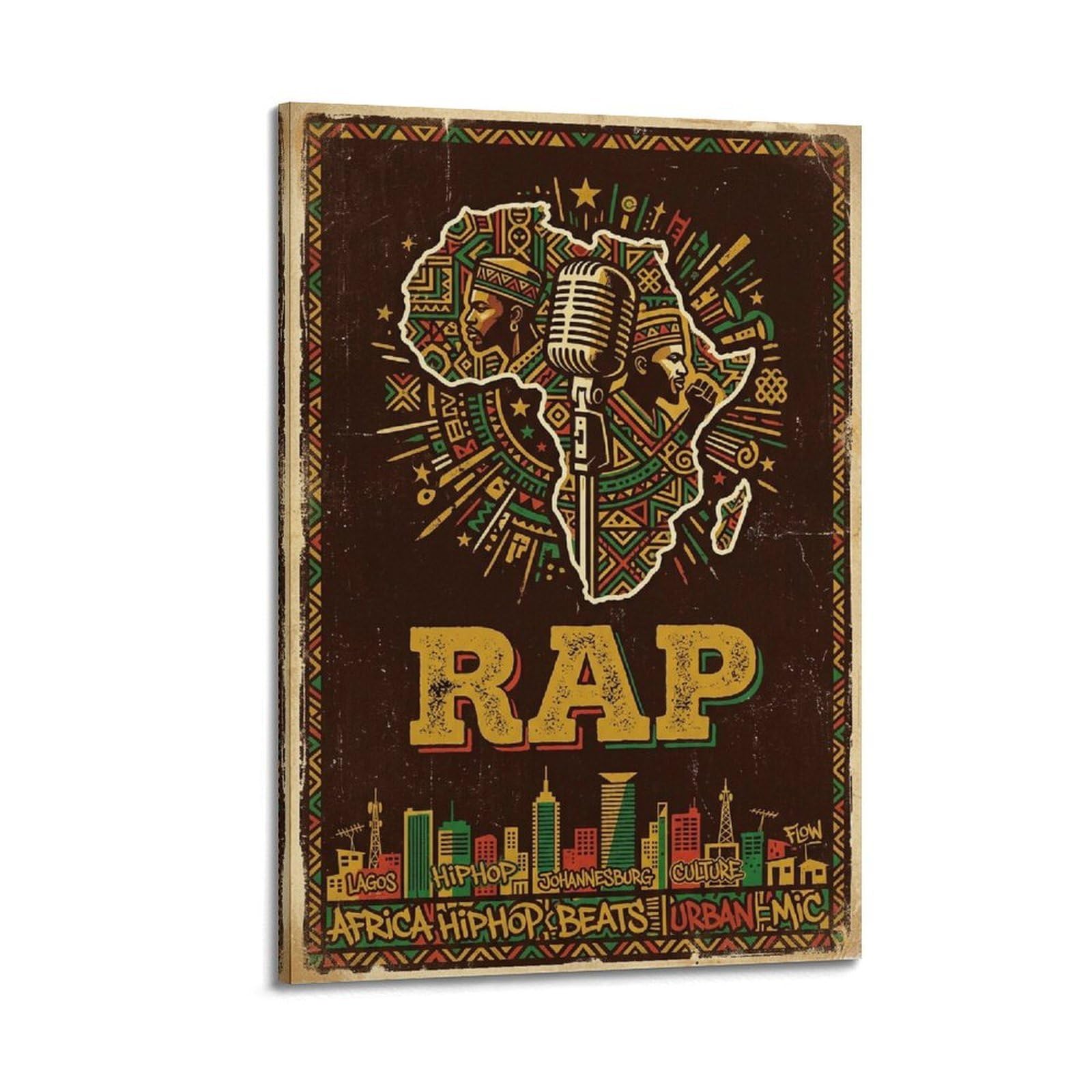 OKNGB Poster con musica rap africana, mappa hiphop con microfono, poster decorativo da parete su tela, poster decorativo per camera da letto, poster decorativo per camera da letto, 40 x 60 cm