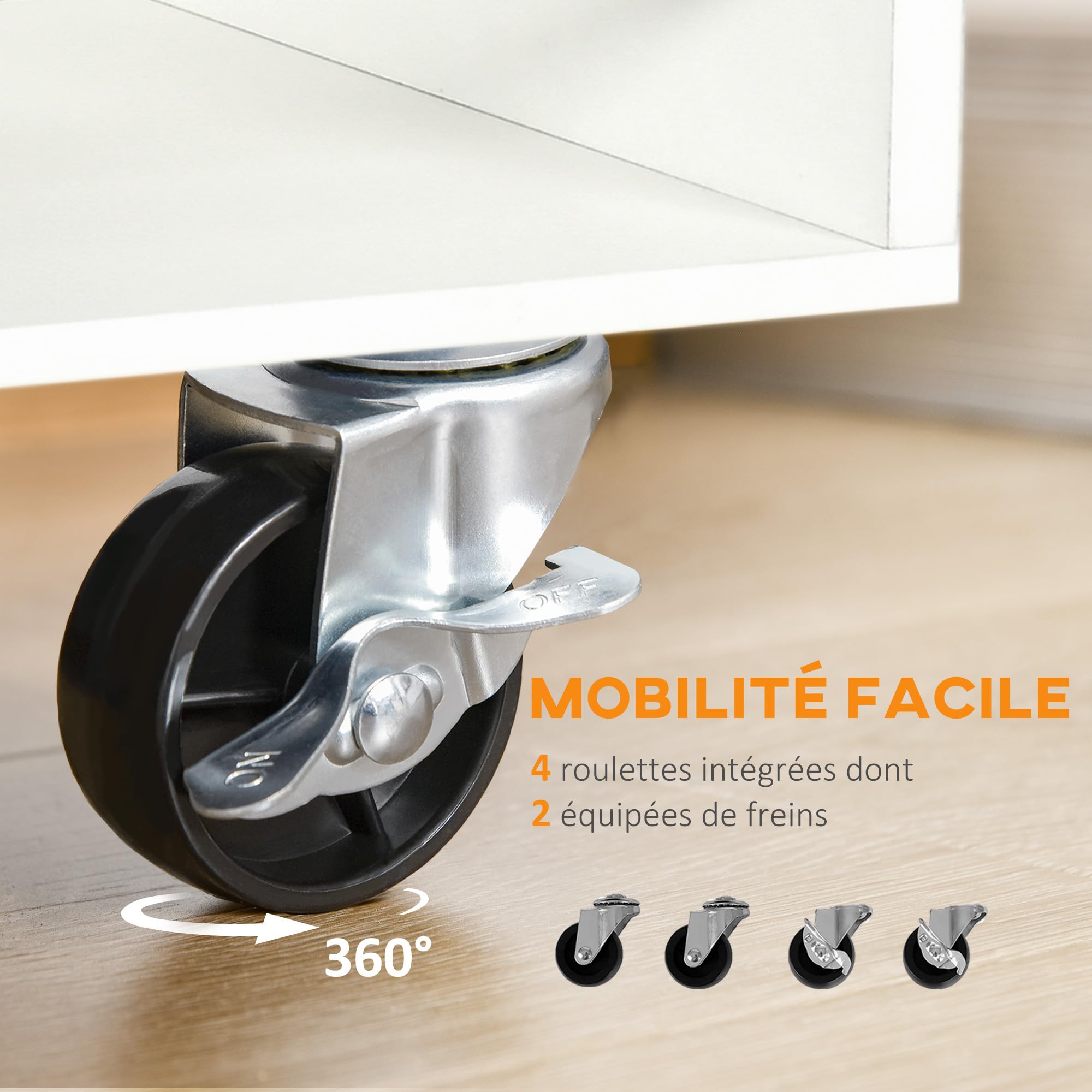 HOMCOM Desserte de Cuisine, Chariot de Service, Roues pivotantes 360°, étagères avec barrières, îlot Central Cuisine, avec tiroir, étagères, Placard, 65 x 39 x 80 cm, Blanc