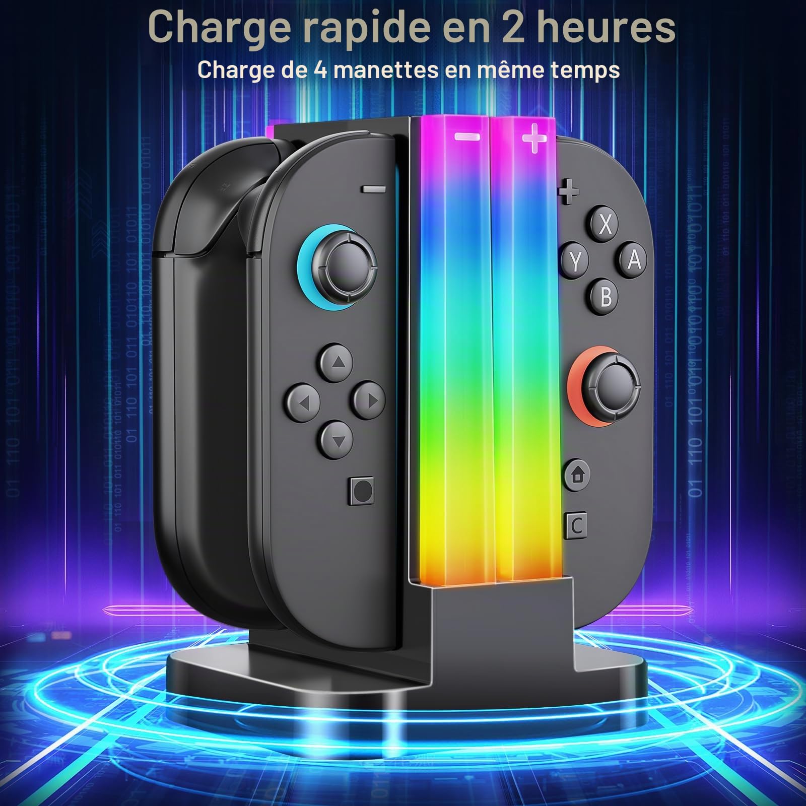 Station de Charge pour Manette Switch 2 Joy Cons, Station de Charge Compatible avec Manette Nintendo Switch 2 avec 6 Modes d'éclairage RVB et Fonction Minuterie et Contrôle de l'éclairage