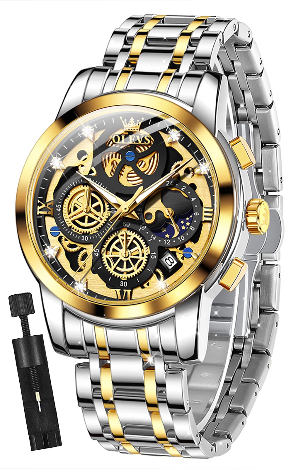 – Mens Watch Chronograph Luxury Diamond Dress Business Analog Quartz Wrist Watches Stainless Steel Waterproof Luminous