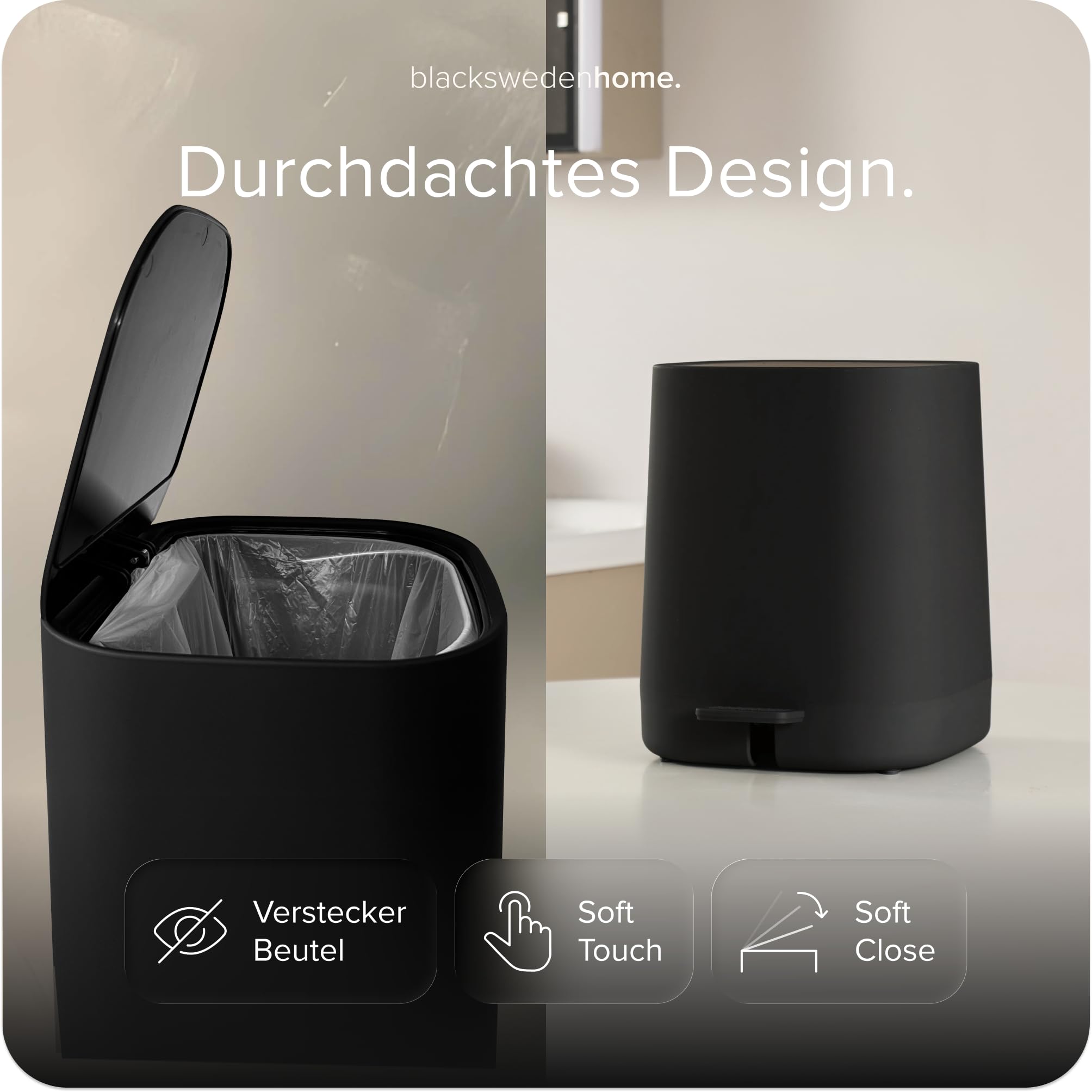 Black Sweden Home Mülleimer Bad - 5L Kosmetikeimer mit Softclose-Deckel und Inneneimer - Bad Mülleimer, Abfalleimer Bad, Toilette - Badezimmer Mülleimer - Elegantes Design Tretmülleimer Schwarz