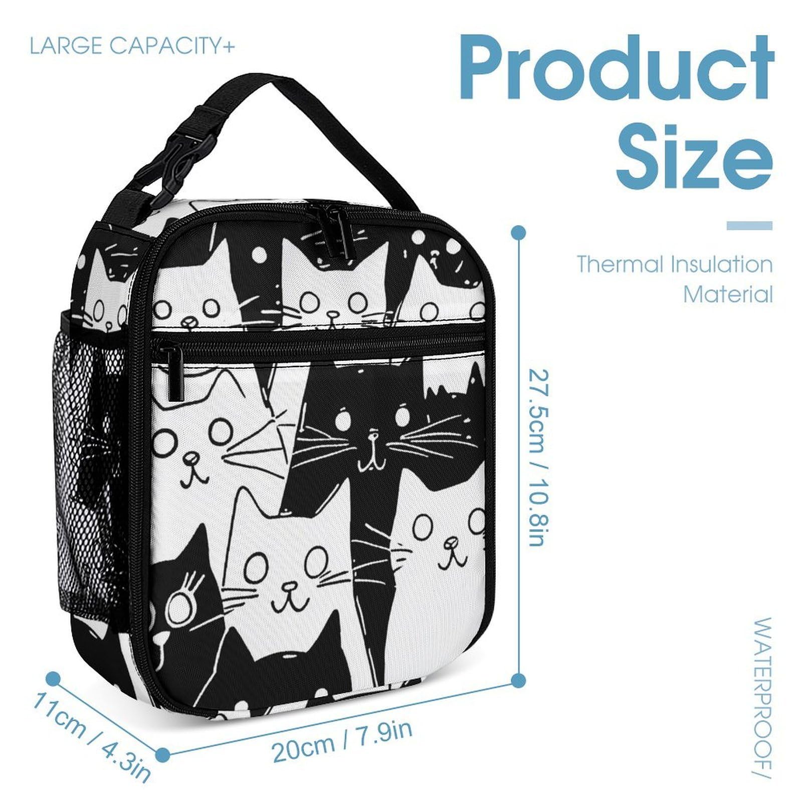 Conjunto de mochila con lonchera, neceseres, bolso de hombro y bolso cosmético con diseño de gato de dibujos animados en blanco y negro.