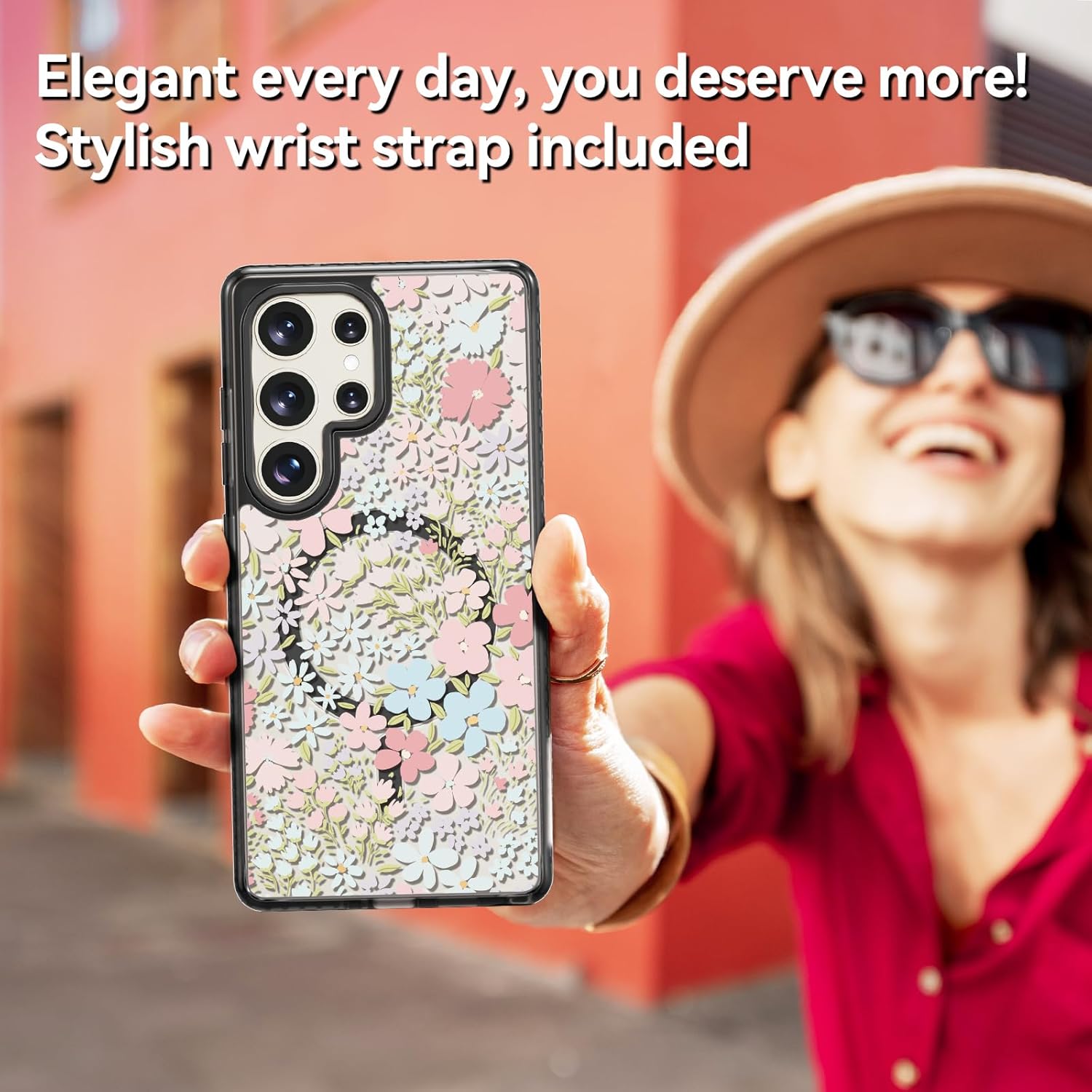 Rosarnnah Magnetic for Samsung Galaxy S25 Ultra Magsafe Case Cute Aesthetic - Durable Shockproof 6.6 ft Drop Impact Phone Case Cover with Funny Fashion Pink Spring Design 6.9" Black