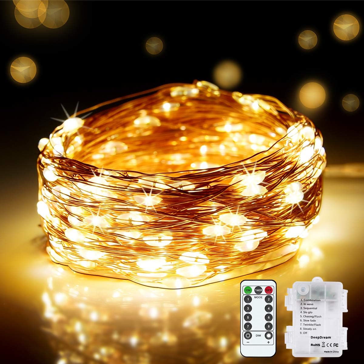 DeepDream 20M 200 LED Fairy String Lights, Battery Powered 8 Modes Copper Wire Waterproof Twinkle Lights with Remote Control Indoor Outdoor for Bedroom Party Wedding Christmas Decoration, Warm White