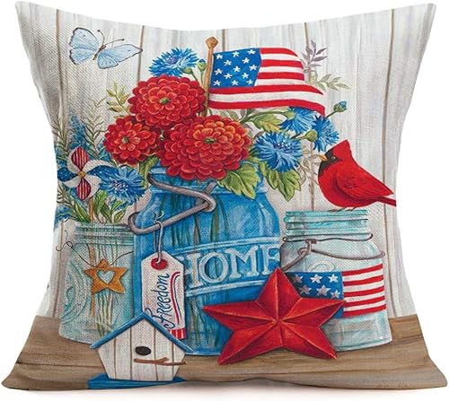 Fundas de almohada decorativas con diseño de fondo de grano de madera, funda de almohada decorativa de algodón y lino con bandera estadounidense,