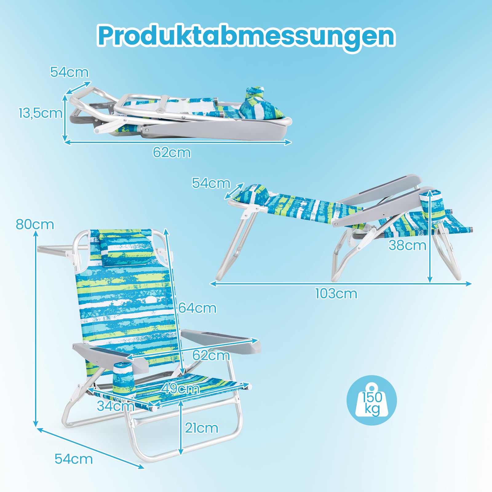 COSTWAY Strandstühle klappbar leicht, 2er Set, Campingstühle mit Verstellbarer Rückenlehne, Kopfstütze, Getränkehalter & Handtuchhalter, Klappstühle, Outdoor-Stühle bis 150 kg belastbar (Grün)