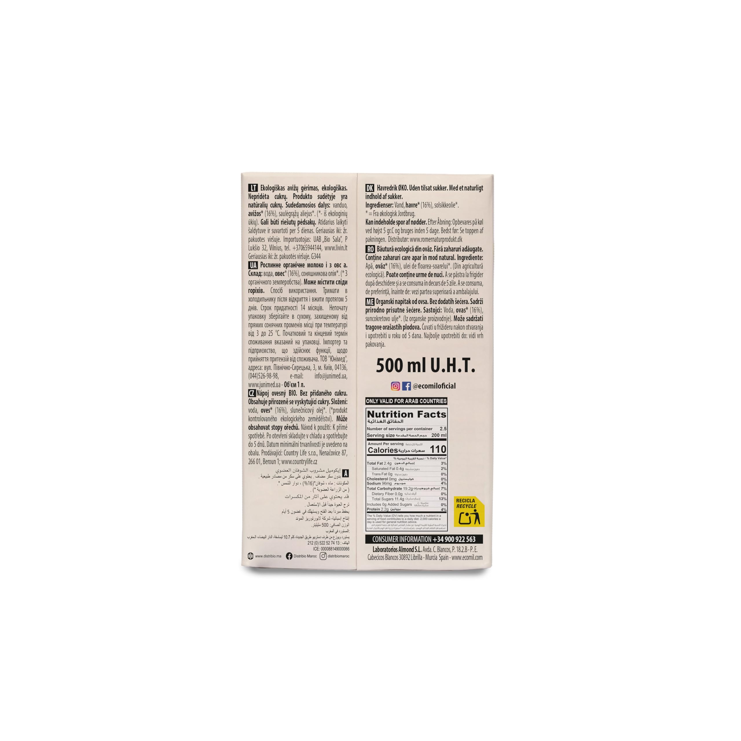 Ecomil Bebida de Avena 16% Bio Pack 6 x 500 ml, Sin Azúcares Añadidos, Vegana, Alternativa a la Leche