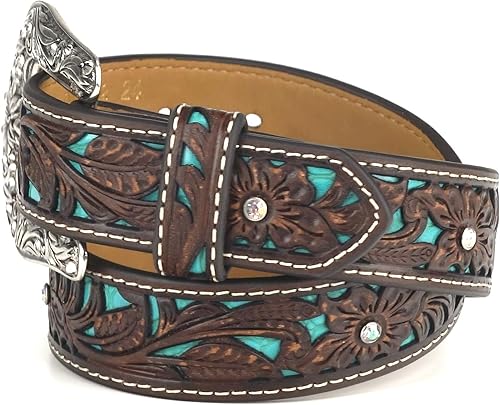 Miniatura 6 de ARIAT Cinturón floral marrón juvenil con incrustaciones de turquesa pintadas