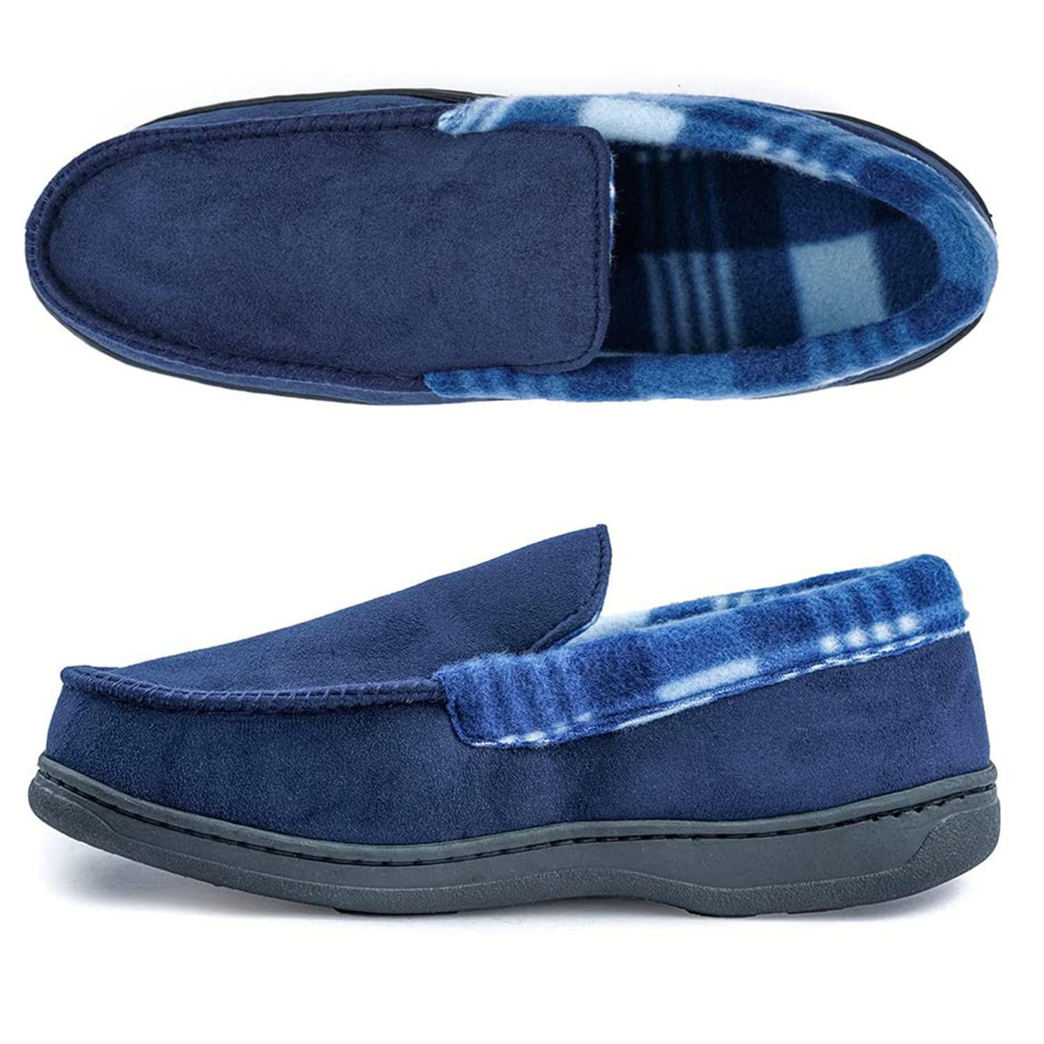 MISSRAINMen’s Moccasin Suede Slippers Cozy Memory Foam Width Comfortable House shoes with Anti-Skid Rubber Sole Indoor Outdoor...