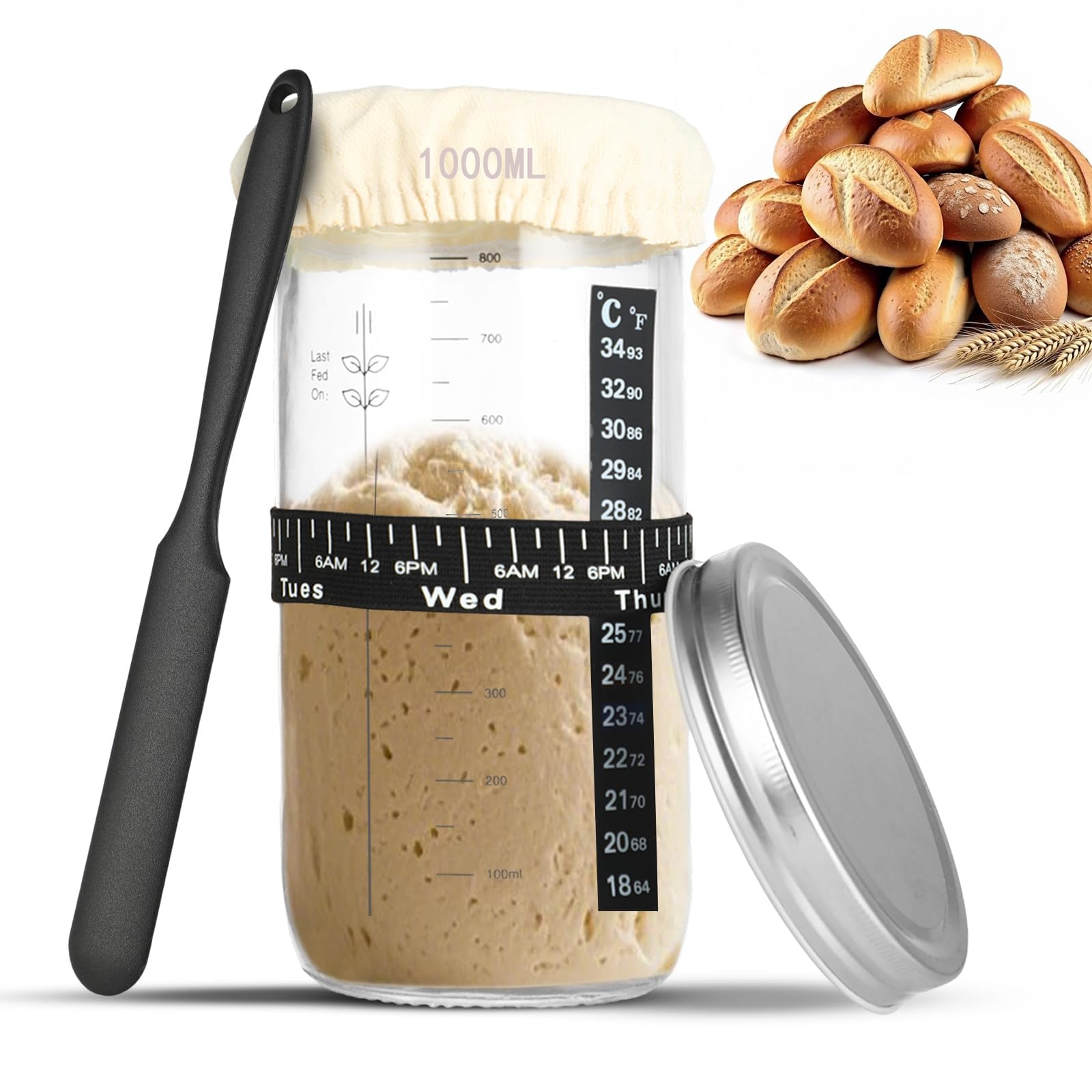 35 uncji/1000 ml słoik fermentacyjny, słoik fermentacyjny z termometrem, szpatułką silikonową, aluminiową pokrywką i taśmą do karmienia wielokrotnego użytku