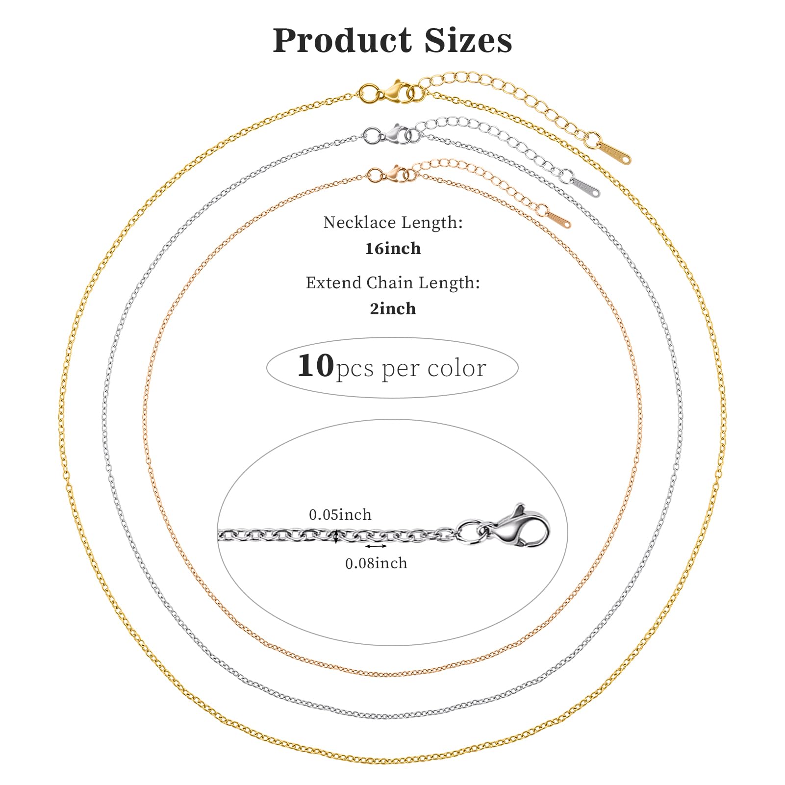 KYUNHOO Multicolored Stainless Steel Chain for Jewelry Making 30 Pack Necklace Chains Bulk 16 Inch Cable Link Jewelry with Extender for Necklaces Crafts DIY