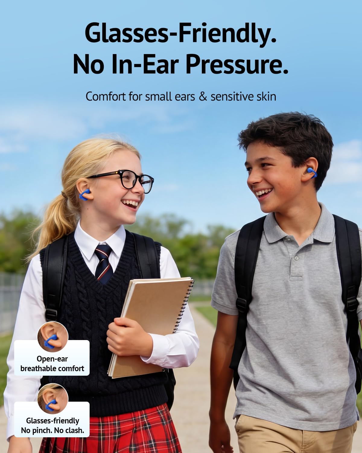 FOYCOY Auriculares abiertos para niños, con clip, límite de volumen de 85 dB, Bluetooth 6.0, micrófono integrado, tiempo de reproducción de 40 horas, almohadillas de silicona, IPX5, compatibles con