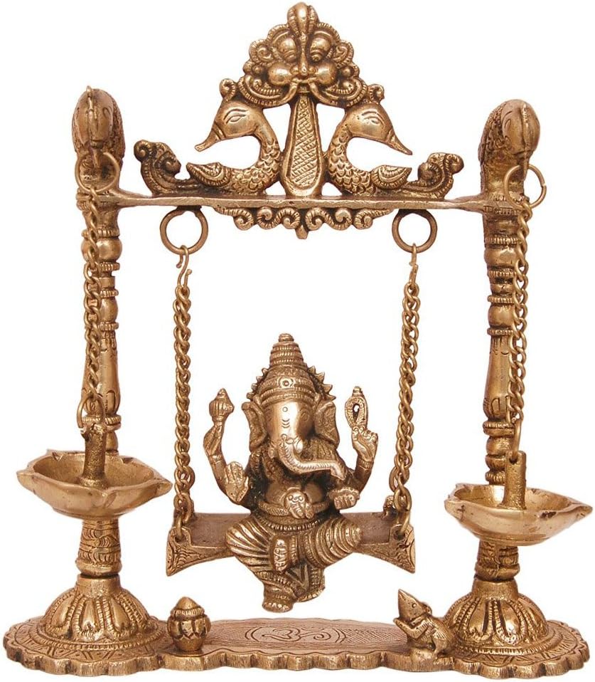 Aakrati Brass Ganesha Swing with Oil Lamp with Peacock Design | Home Decoration | Table Decoration | Temple Ornaments | Hand Crafted Indian Sculpture