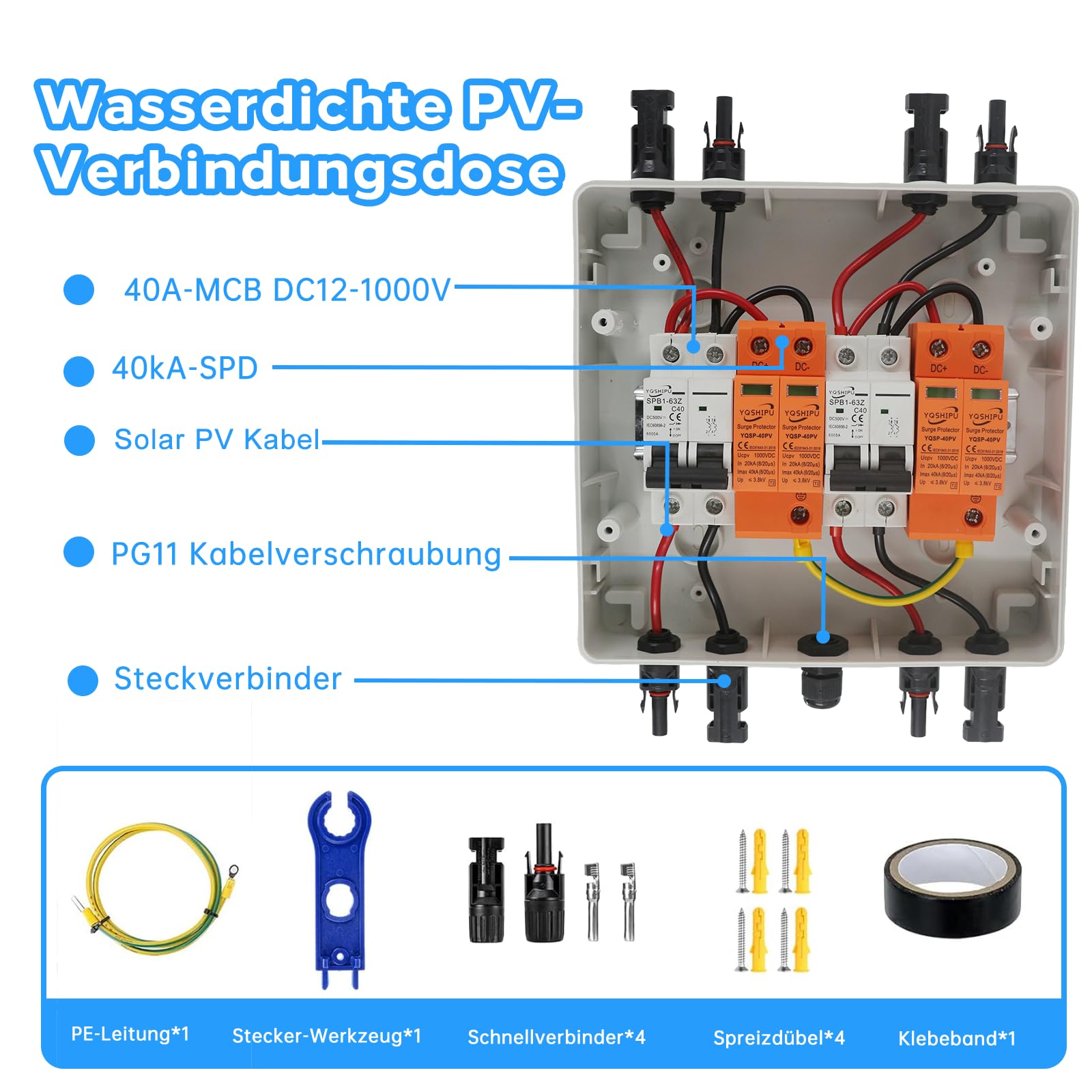 Überspannungsschutz PV, DC 40A/1000V Trennschalter, Blitzschutz Leitungsschutzschalter(2 in 2 Out), Solar PV Anschlusskasten IP65 Wasserdicht