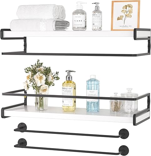 Estantes flotantes de baño para pared, paquete de 4 estantes de baño con toallero, estantes montados en la pared de instalación múltiple para