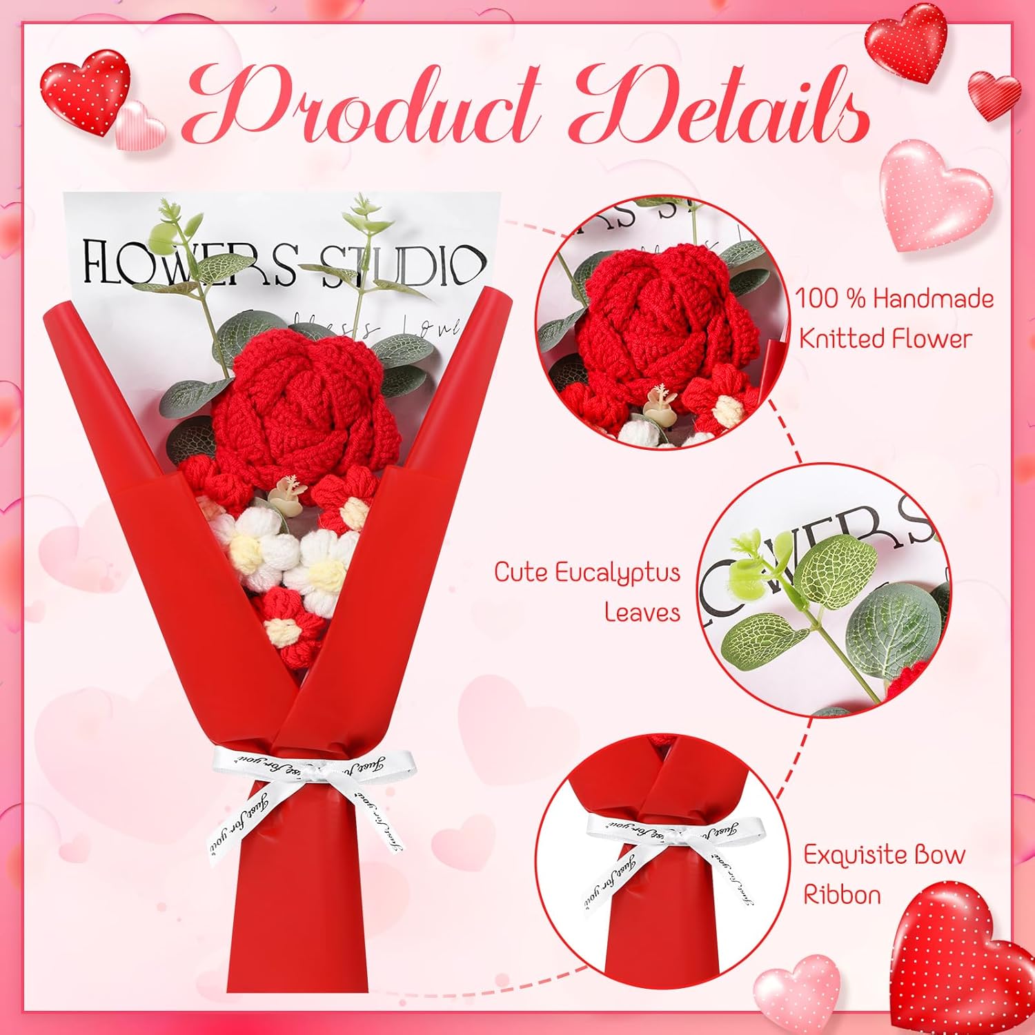 Hotop 2 Pcs Crochet Flowers Bouquet Graduation 2026 Gift Knitted Artificial Cotton Yarn Rose with Exquisite Wrap for Teacher Mother's Day Anniversary Appreciation Gift(Pink,Red,Rose)