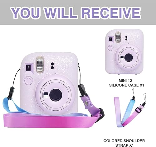 Miniatura 7 de Funda de silicona para cámara instantánea Fujifilm Mini 12 con correa ajustable para el hombro, purpurina (sin cámara)