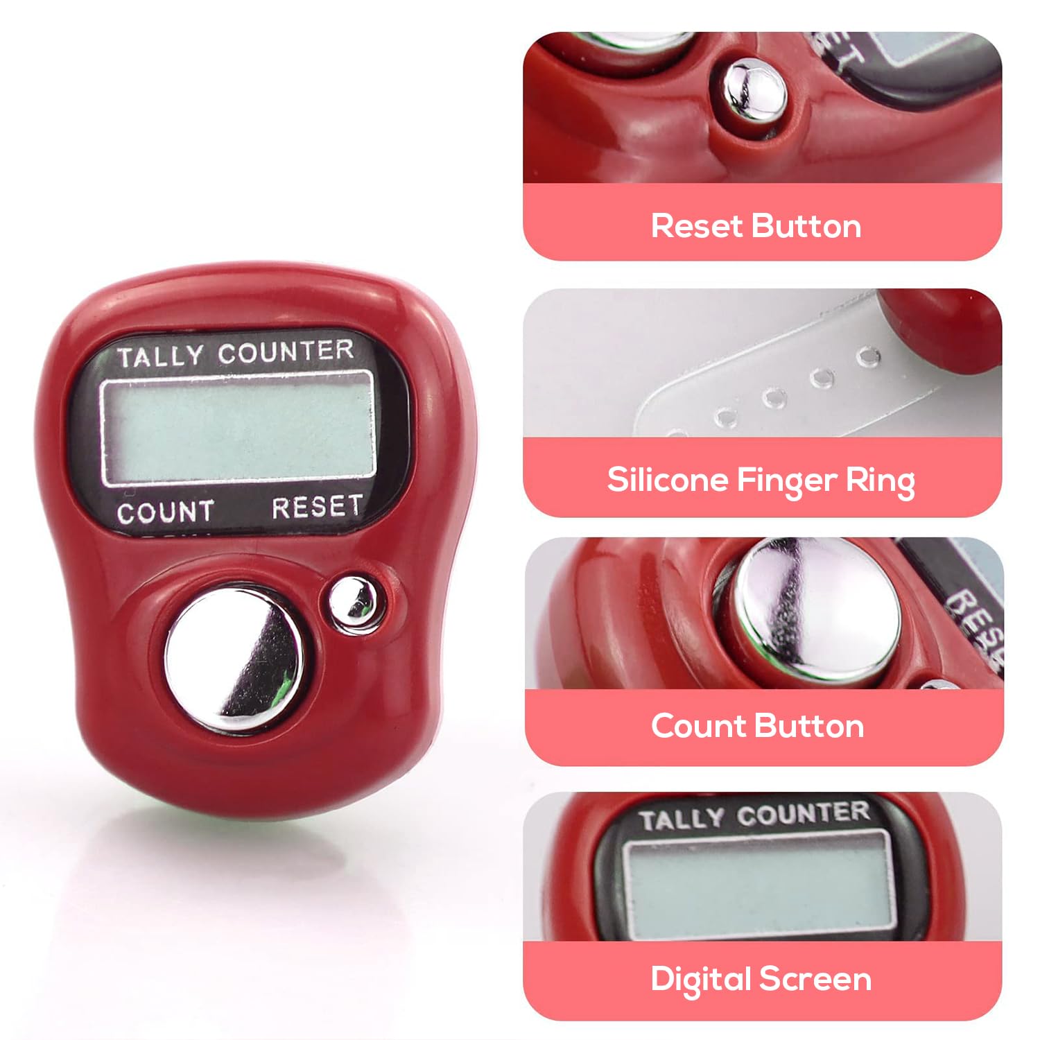 JMOO Electronic Finger Tally Counter 7-Pack, Mini LCD Digital Display Tally Counter, Handheld Counter Clicker Pitch Counter for Coaching, Knitting, Lap, Fishing, Golf and Row