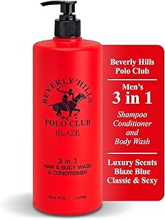 Beverly Hills Polo Club Men's 3-in-1 Shampoo Conditioner Body Wash | Blaze Scent | Premium All-Day Freshness & Invigorating Luxury Grooming | Large 33.8 fl oz Bottle