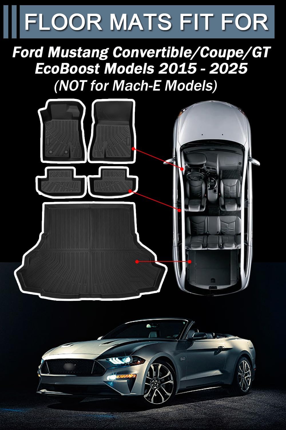 Car Floor Mats for Ford Mustang 2015 2016 2017 2018 2019 2020 2021 2022 2023 2024 2025 Accessories (NOT for Mach-E Models), for Ford Mustang All Weather Automotive Floor Mats & Cargo Liner