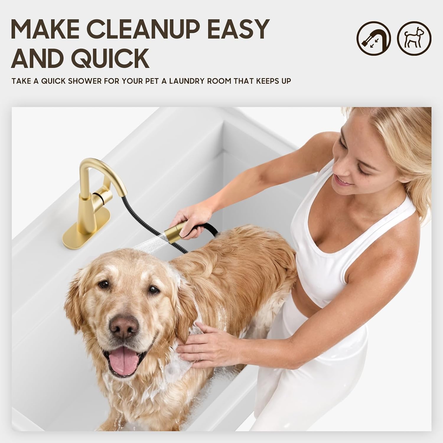 Phiestina Brushed Gold Tall Bathroom Sink Faucet with Pull Down Sprayer, High Arc Single Handle Pull Out Faucet with Pop-Up Drain, 1 or 3 Hole Laundry Bar Basin Faucet with Deck Plate,WE10CL-ZY-BG - Image 6