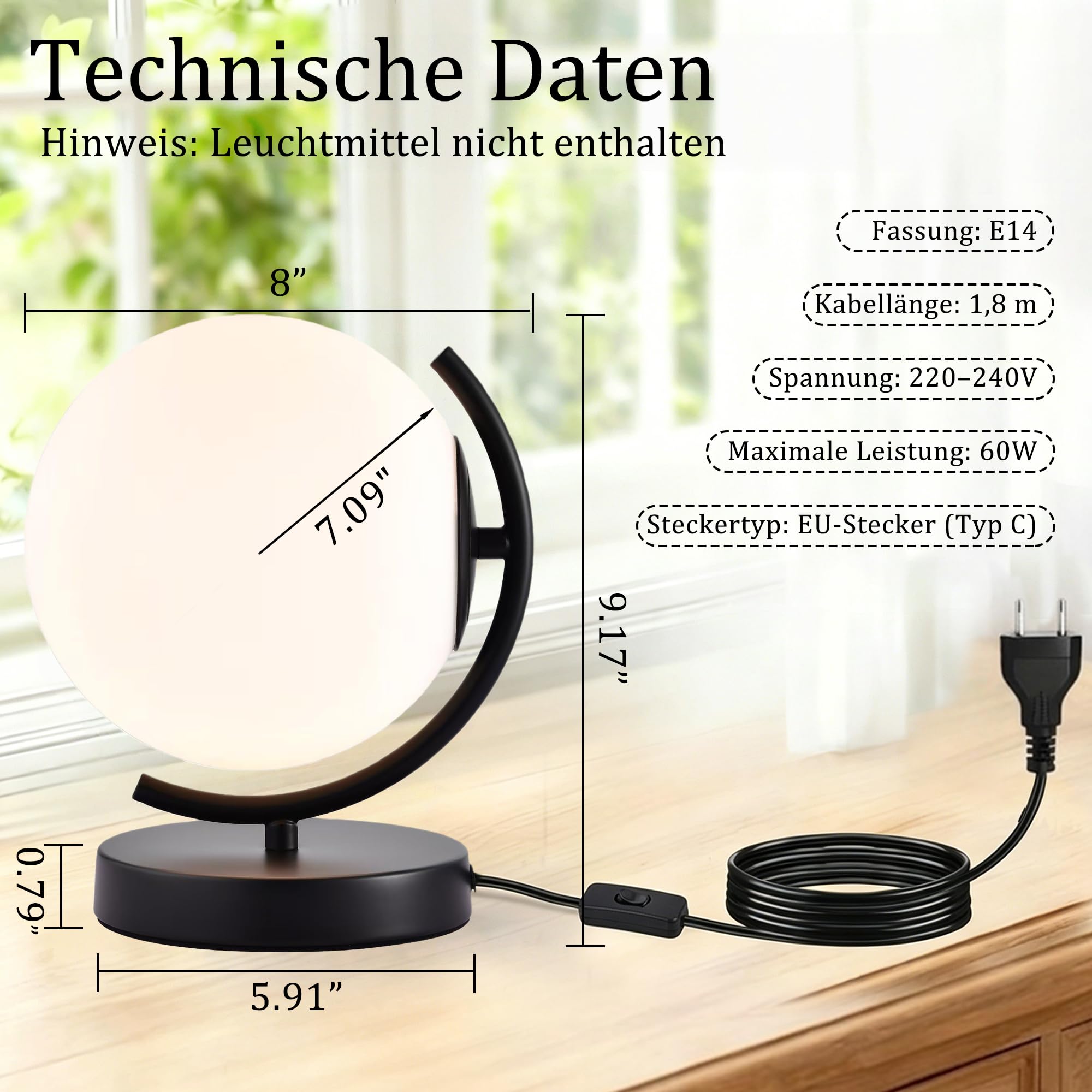 Alighting Tischlampe Schwarz, Opalglas Kugelleuchte Innen | Nachttischlampe Kugel Vintage Tischleuchte für Schlafzimmer , Wohnzimmer, E14