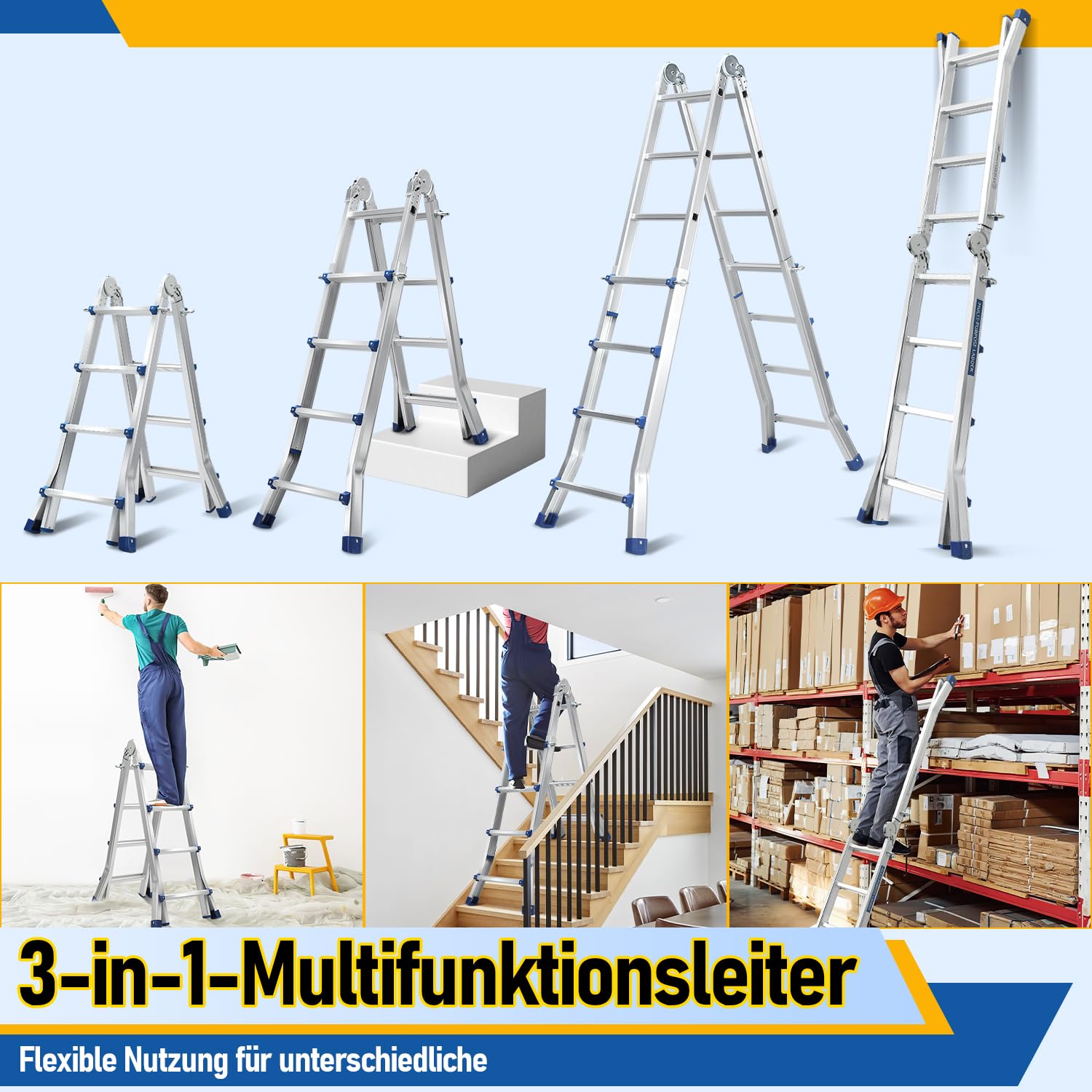 Daromigo Scala telescopica multifunzione, scala 3 in 1, 402 cm, 4 x 4 pioli, scaletta pieghevole, portata massima 150 kg, scala a scorrimento