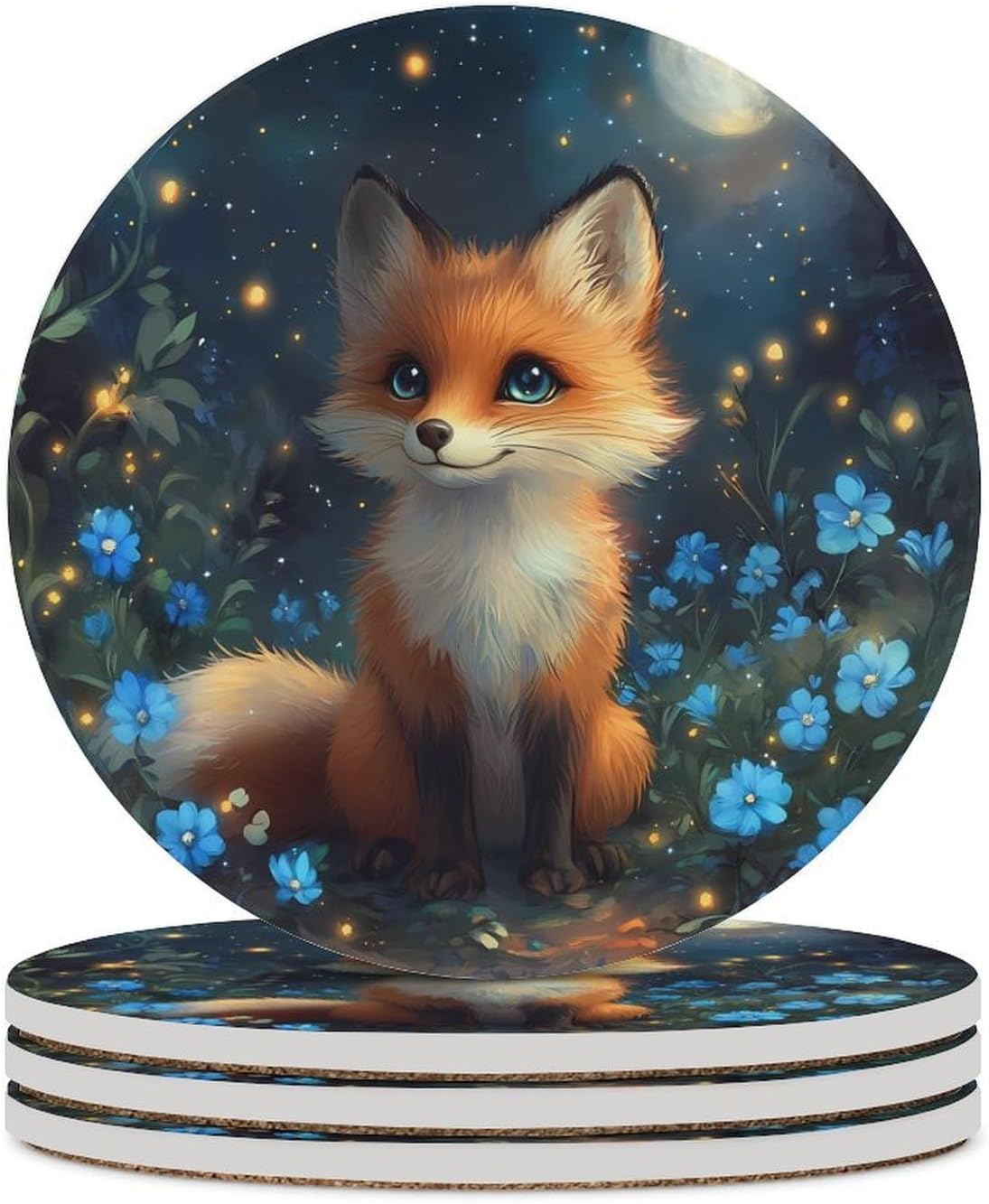 Fox Flowers Coasters for Drink Round Ceramic Coaster with Cork Base Home Decorative 6PCS