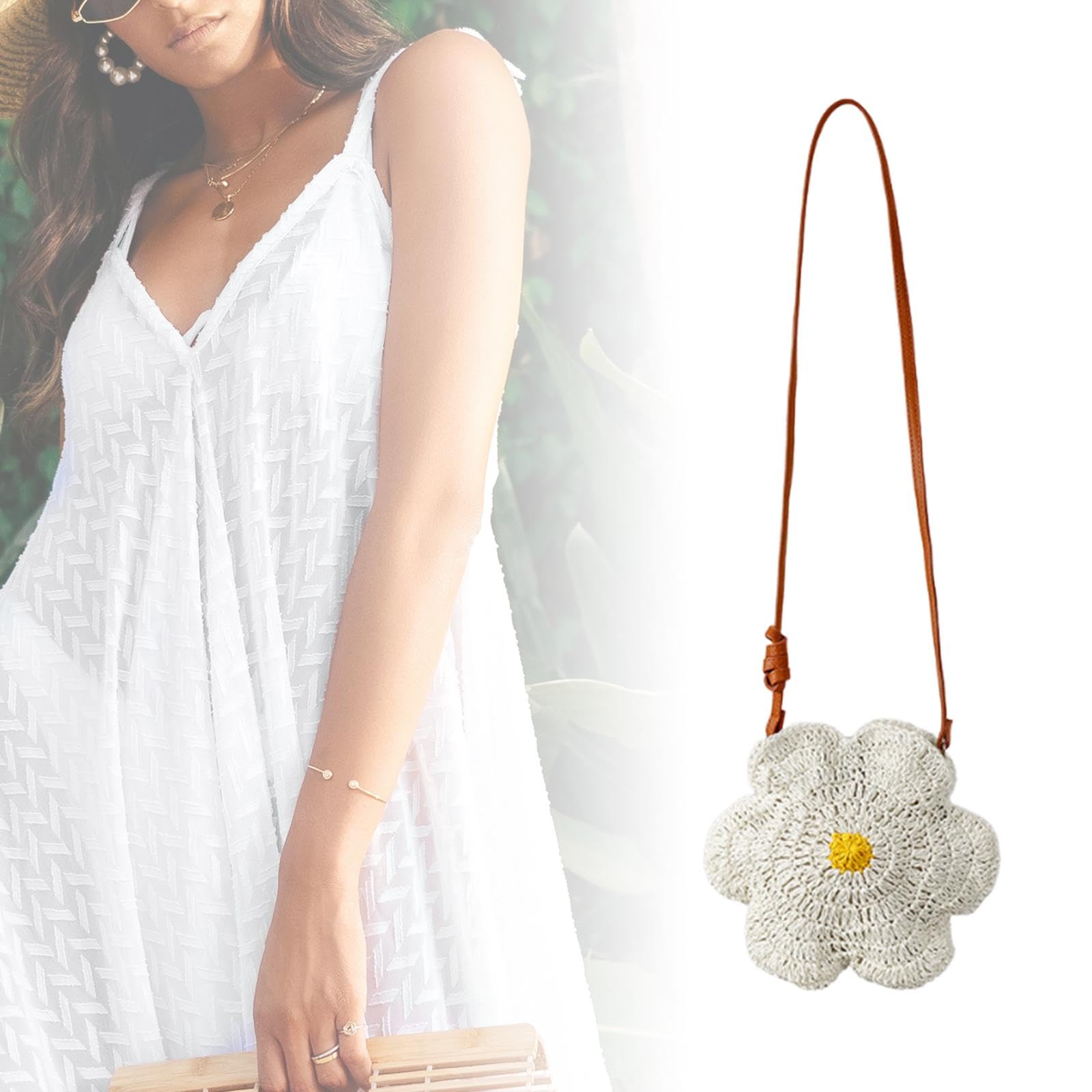 Bolso Cruzado Mujer Bolso Artesanal Tejido Bandolera Bolso de Hombro Flor Decorativa Funcionalidad Ligera Adecuado para Fiestas Playa Compras Viajes