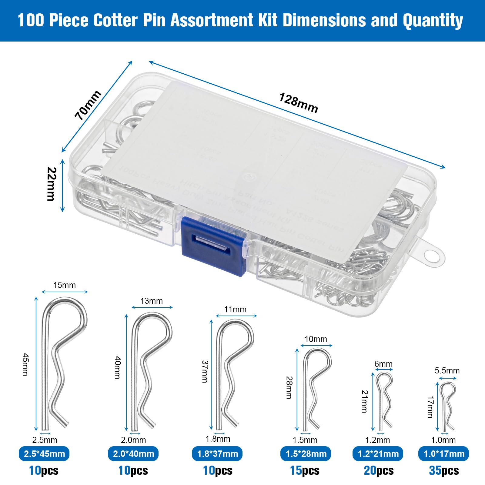 100 Pezzi Copiglie Clips, Coppiglie Mollette a R,R Clip Coppiglie a Molla,R Coppiglie Pin,per Trattori Auto Camion,sei taglie