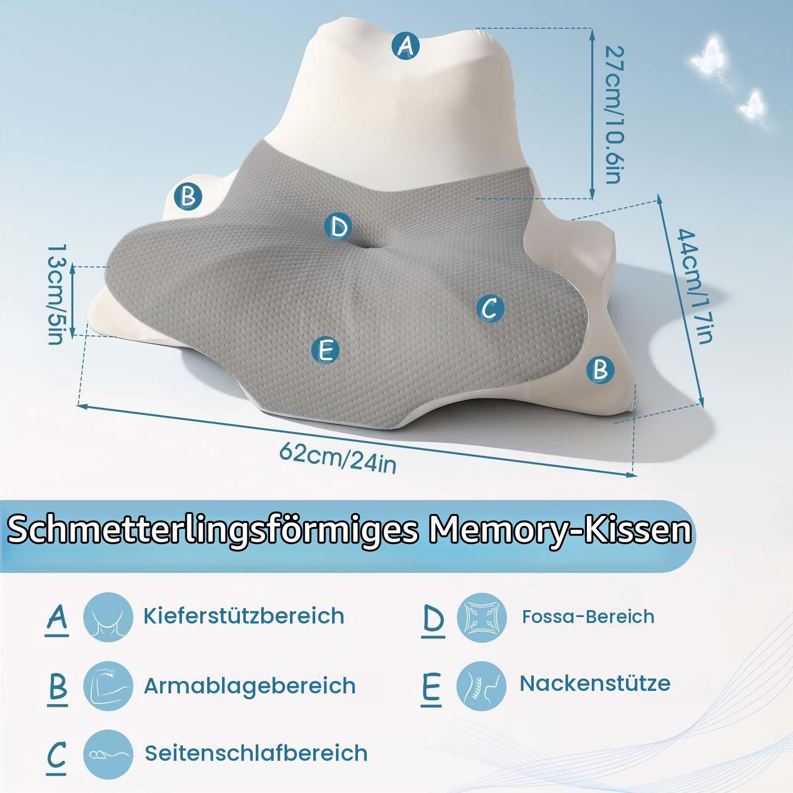 OKYUK 4 in 1 Nackenkissen Ergonomisch mit Zwei-Zonen-Design, Memory Foam Kissen mit Abnehmbarer Kissenbezug für Seiten Rücken & Bauchschläfer (Grau-weiße)