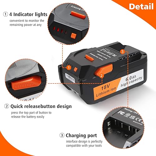 Miniatura 4 de Batería de iones de litio de 18 V: repuesto para taladro de octano Ridgid R840085 R840087 R840083 R840084 130254003 - Compatible con cargador Ridgid